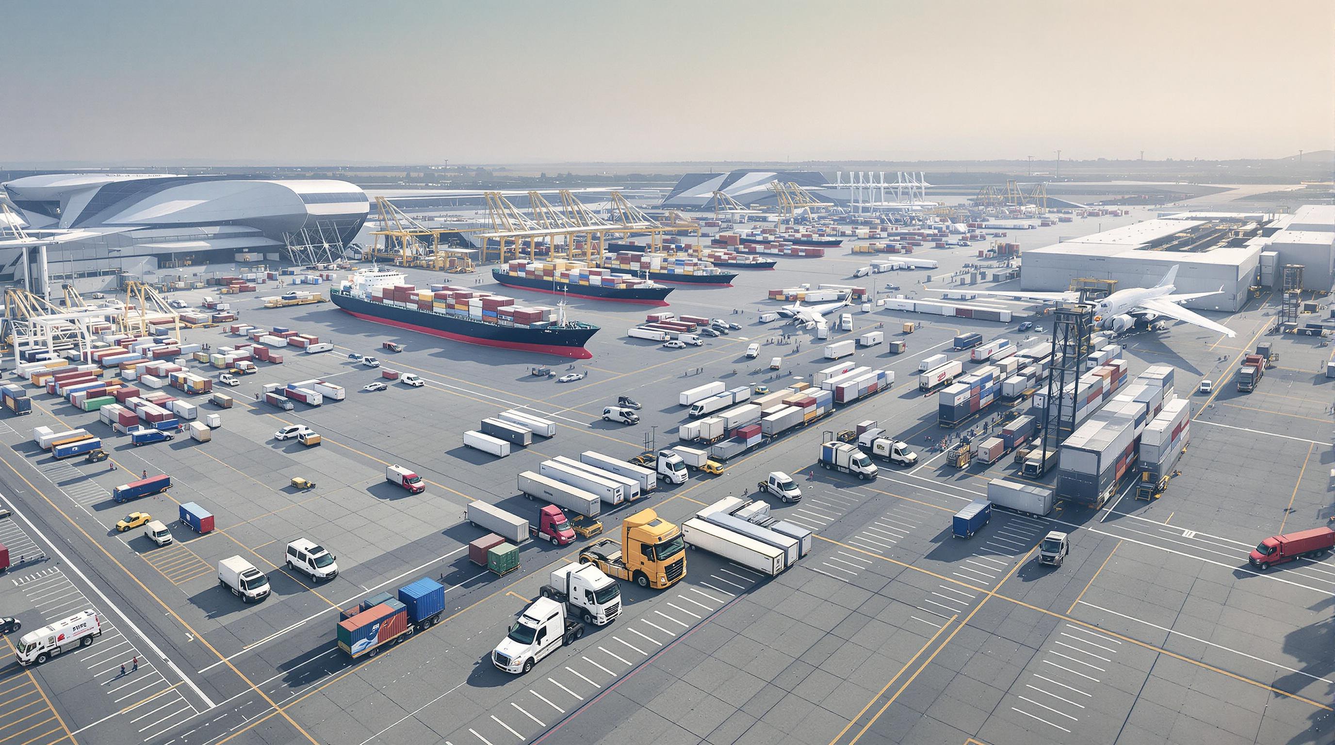 Multimodal transport hub with trucks, trains, ships, and airplane meeting at a single terminal