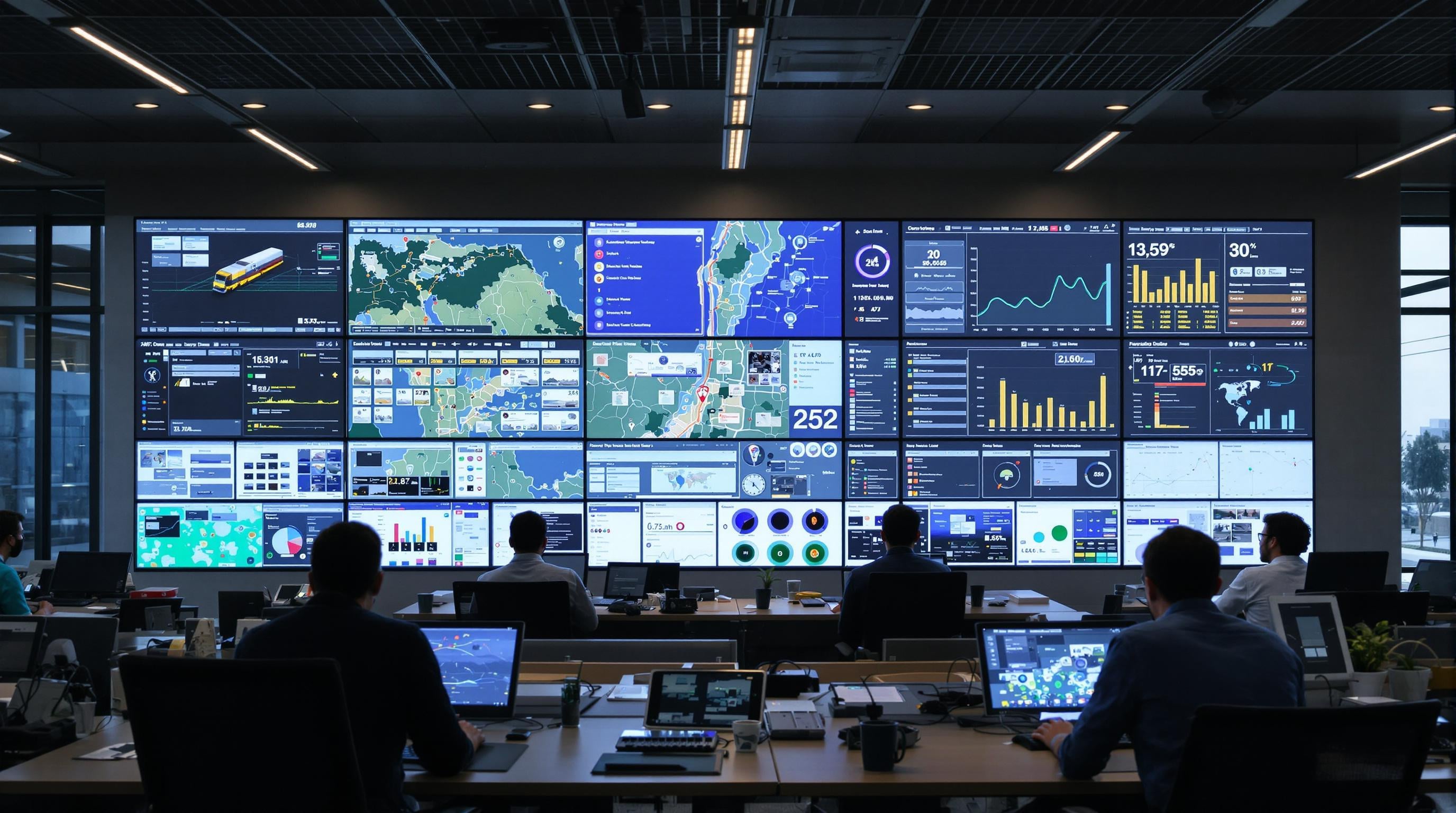 Logistics professionals monitoring real-time transport data in a control room