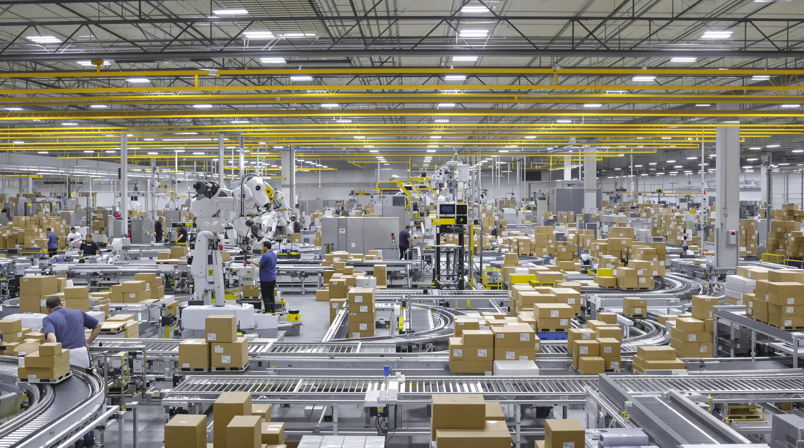 Automated 3PL warehouse with robots and workers handling packages on conveyor belts