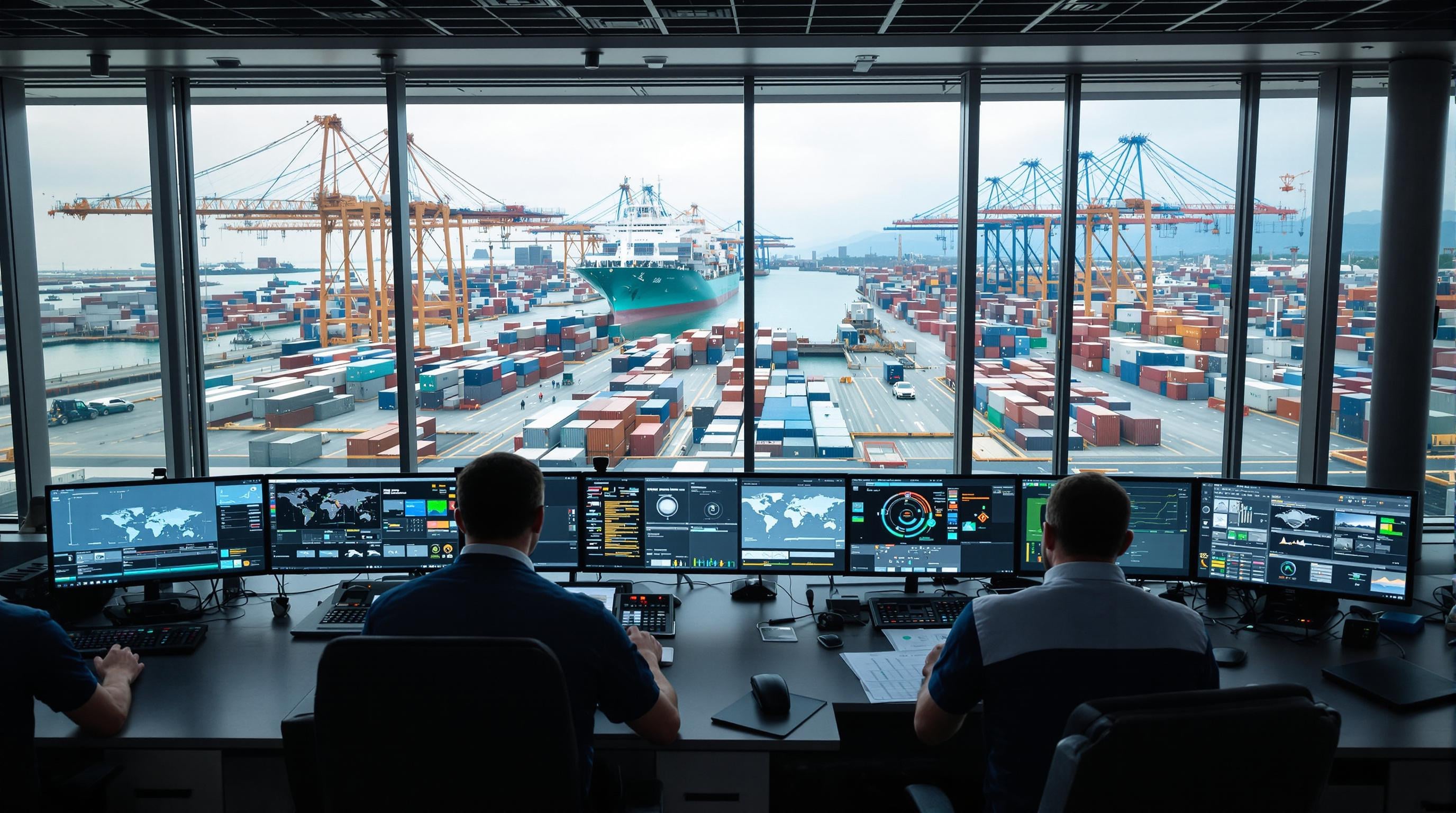A photorealistic image of a shipping control room with staff monitoring large screens displaying diagrams, overlooking a busy port with digitalized container handling.