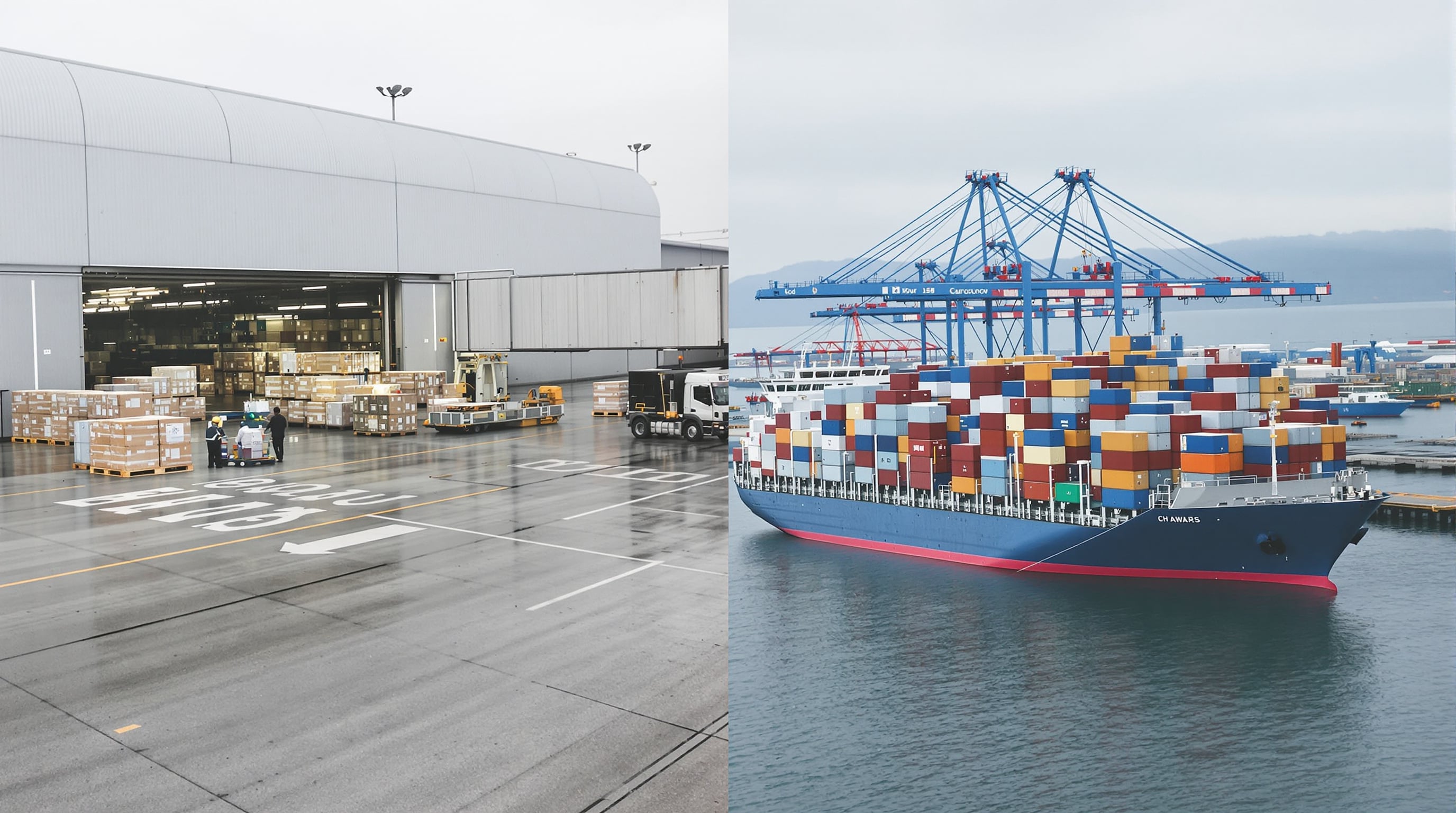 Comparison of air and ocean freight terminals highlighting differences in cargo handling environments.
