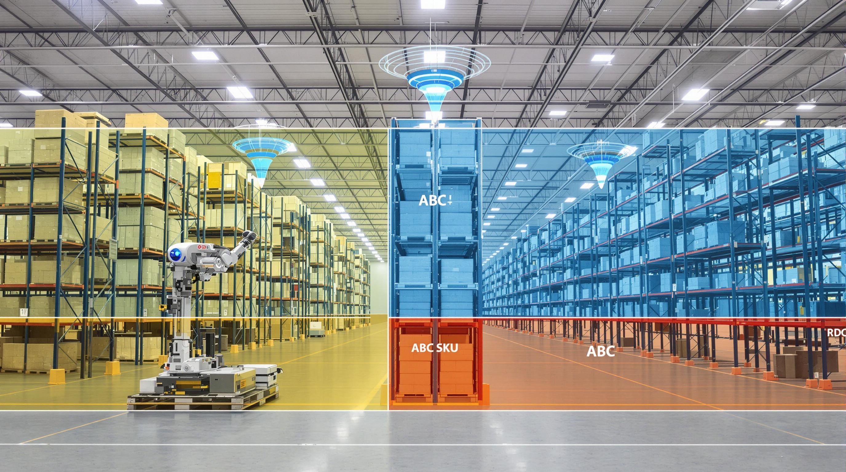 Warehouse interior with zoned inventory racks, picking robot, and inventory sensors