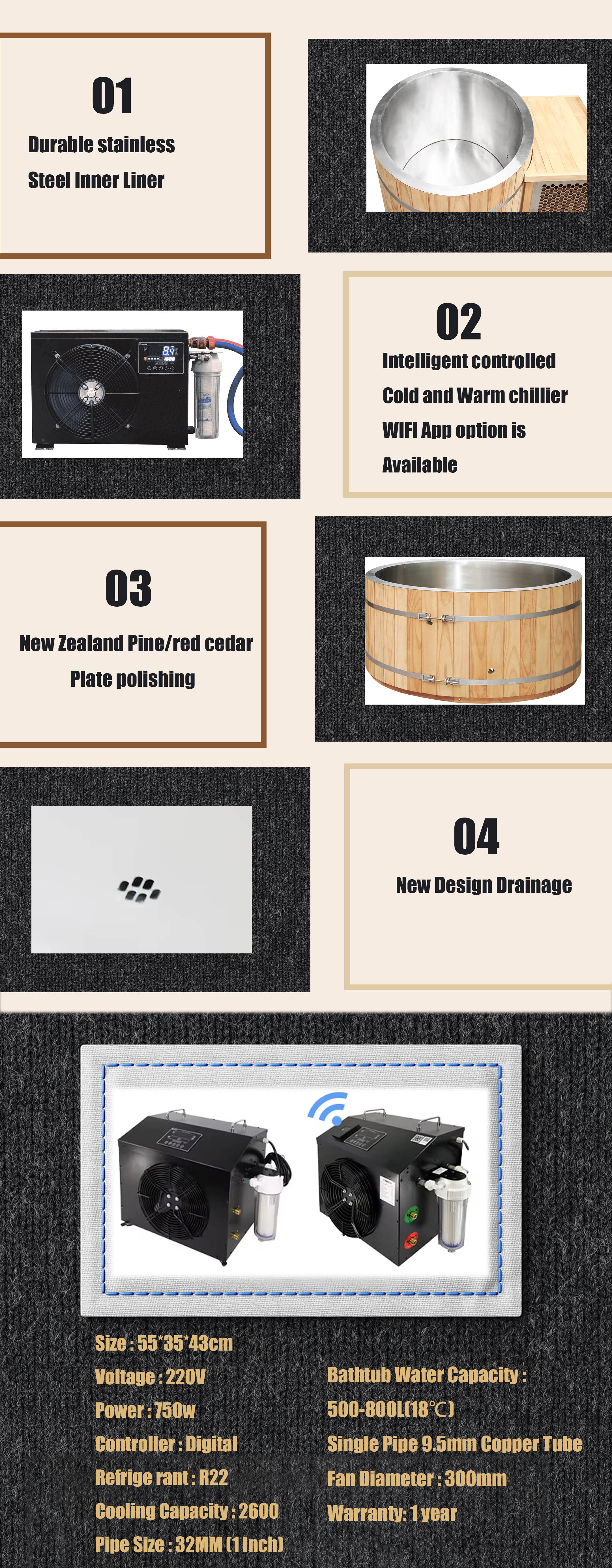Factory wholesaler ODM OEM New Zealand Pine Red Cedar Cold Plunge Tub With Chiller manufacture