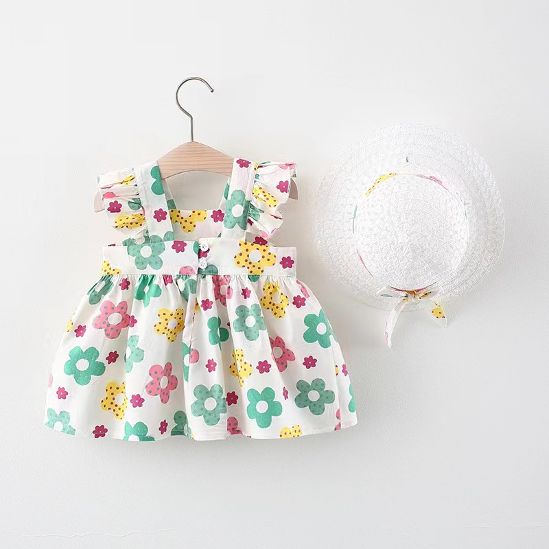 Green Horizon Summer Straw Hat Sweet Sundresses Kids Baby Girl Sun Dress Flower Seaside Beach Dress Overall Outfits details