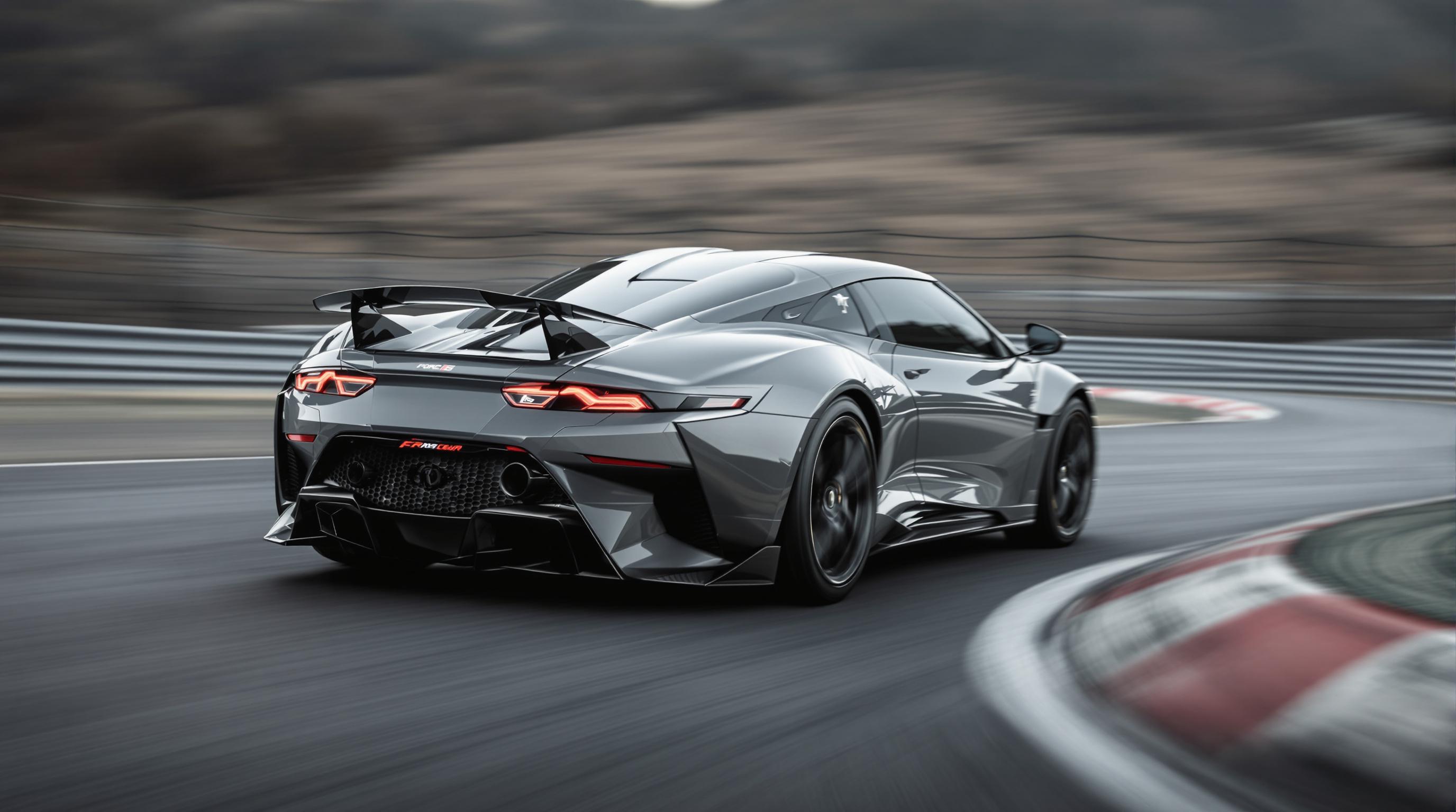 Realistic image of a sports car with carbon fiber wheels taking a sharp turn on a racetrack