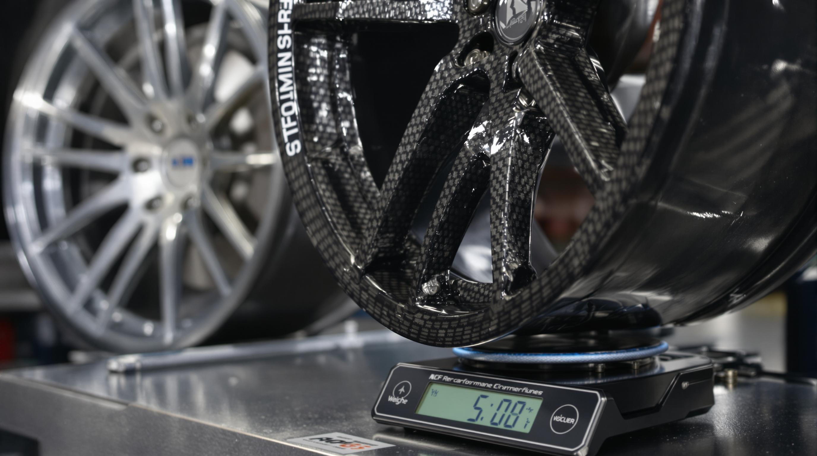 Photorealistic close-up of a carbon fiber car wheel being weighed with an aluminum wheel visible in the background