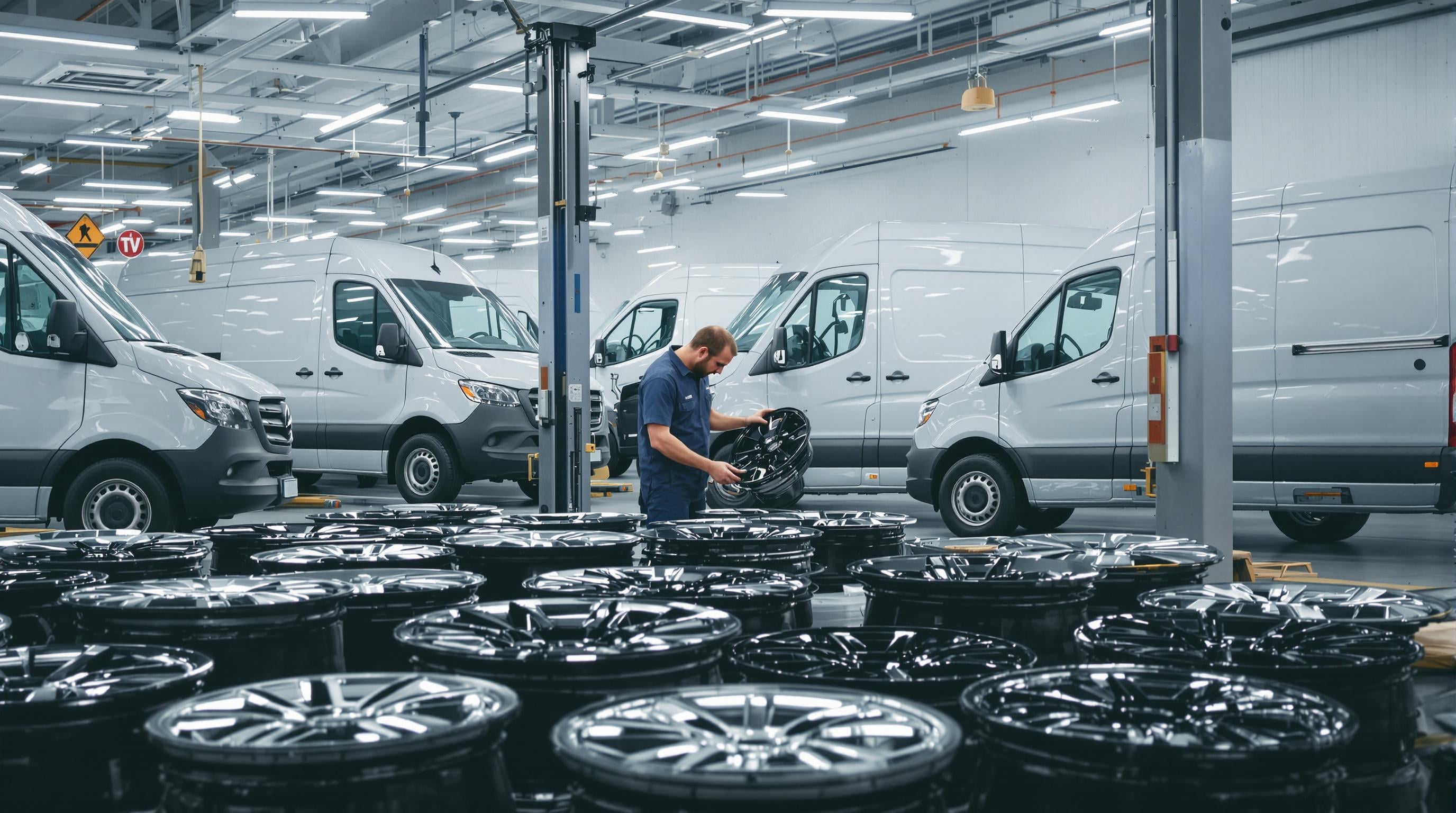 Mechanic evaluating steel and carbon fiber wheels for delivery vans in a fleet garage.