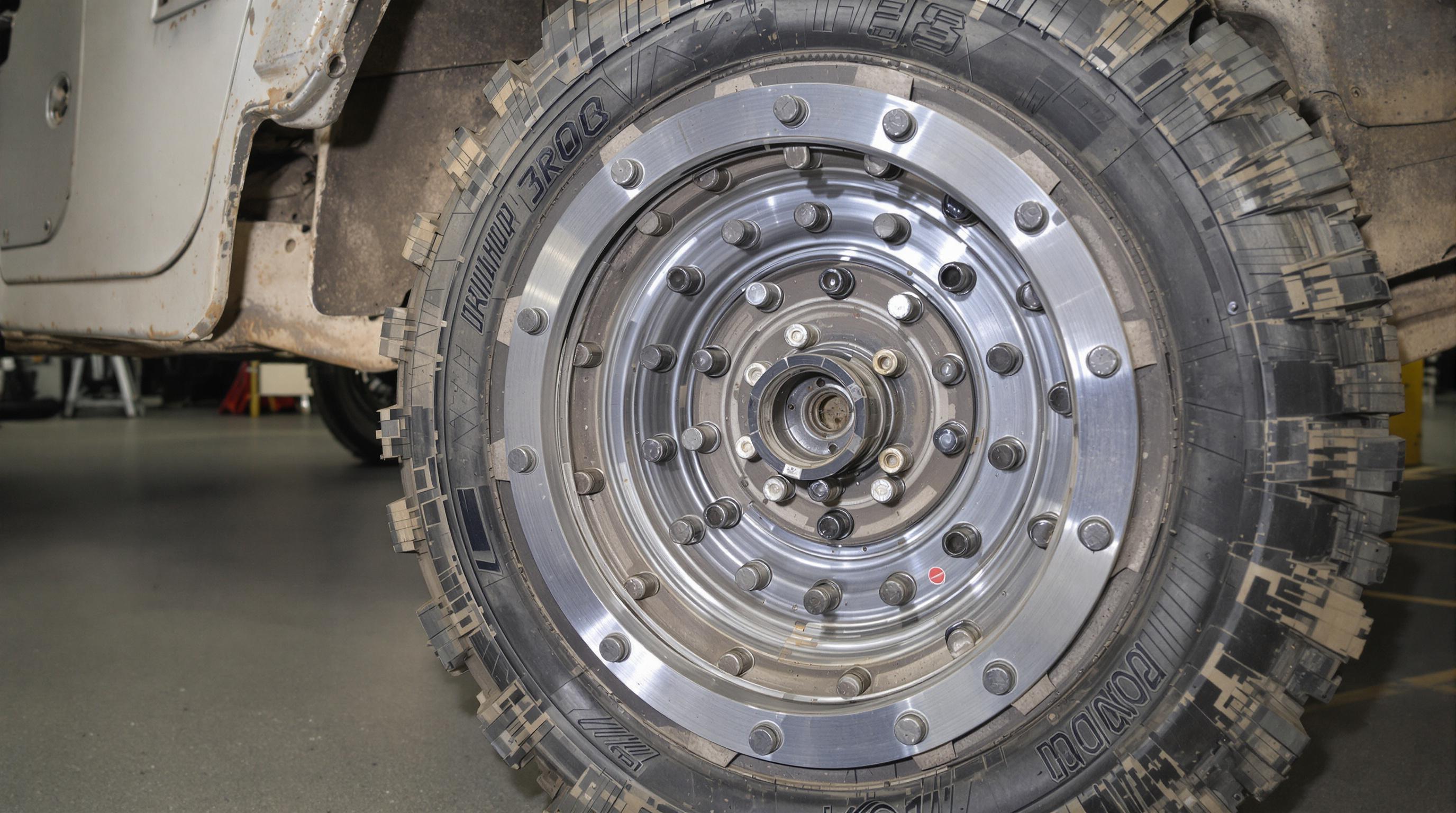 Close-up of an assembled beadlock rim with locking ring and bolts securing the tire bead