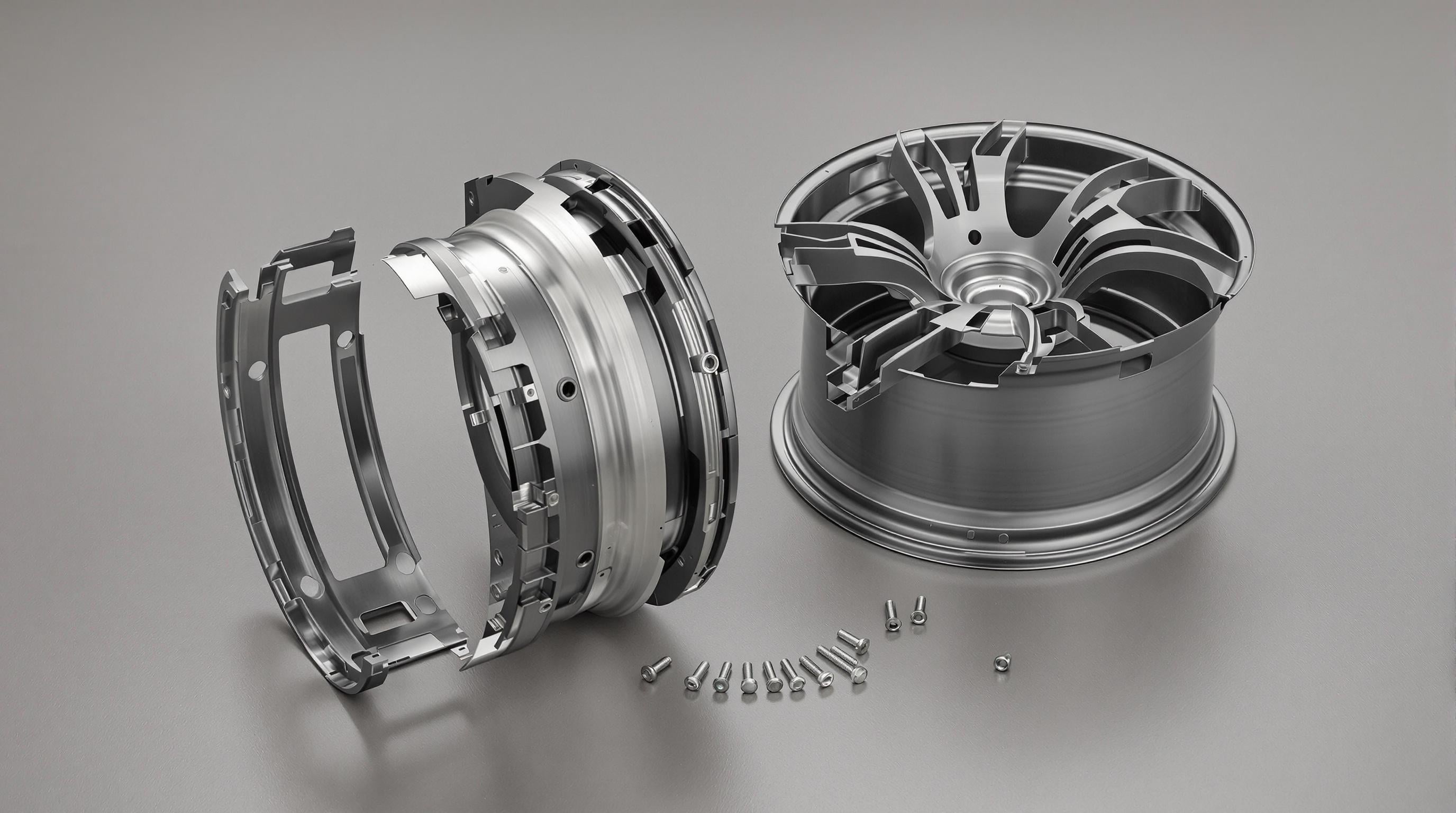 Disassembled two-piece forged wheel with center section, barrel, and titanium fasteners clearly visible