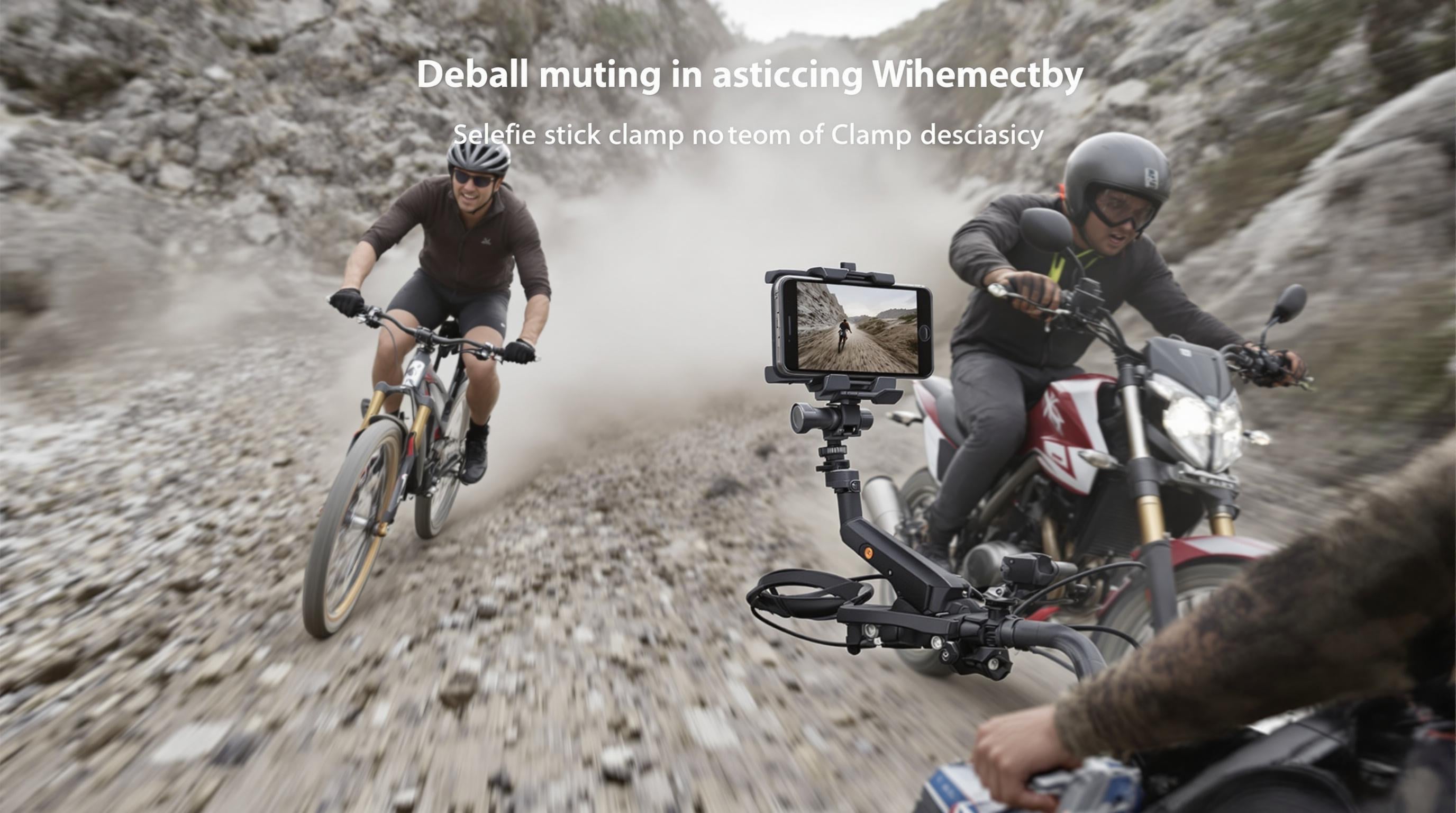 A realistic action scene showing a cyclist and a motorcyclist riding fast over uneven surfaces, both using sturdy selfie stick clamps holding smartphones.