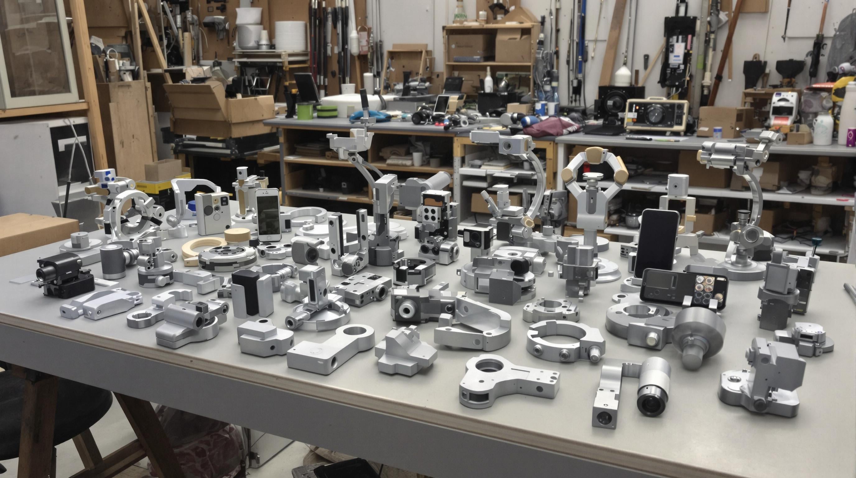 Neatly arranged modular recycled aluminum phone holder parts on a workbench