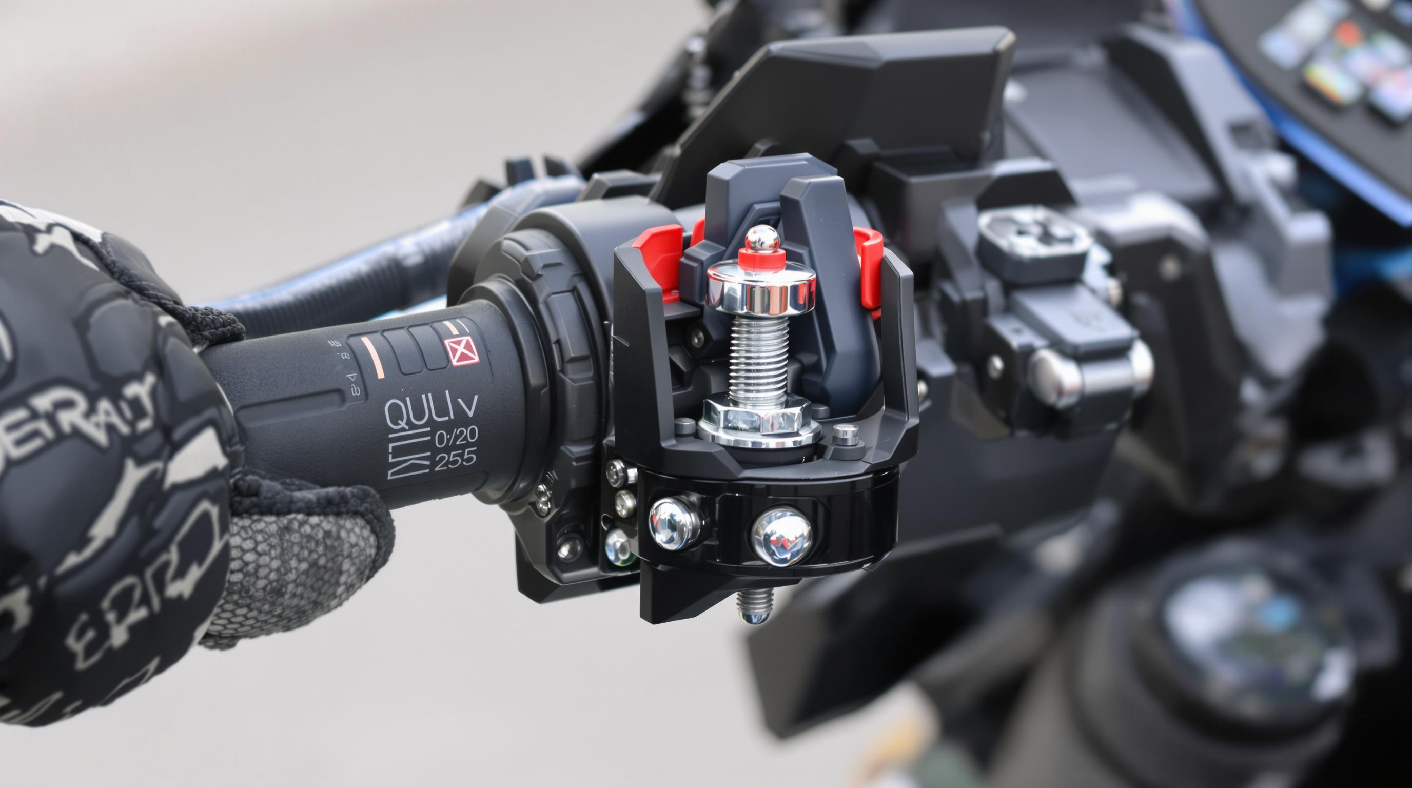 Gloved hand installing a motorcycle phone holder with a ball head screw and quick-lock mechanism