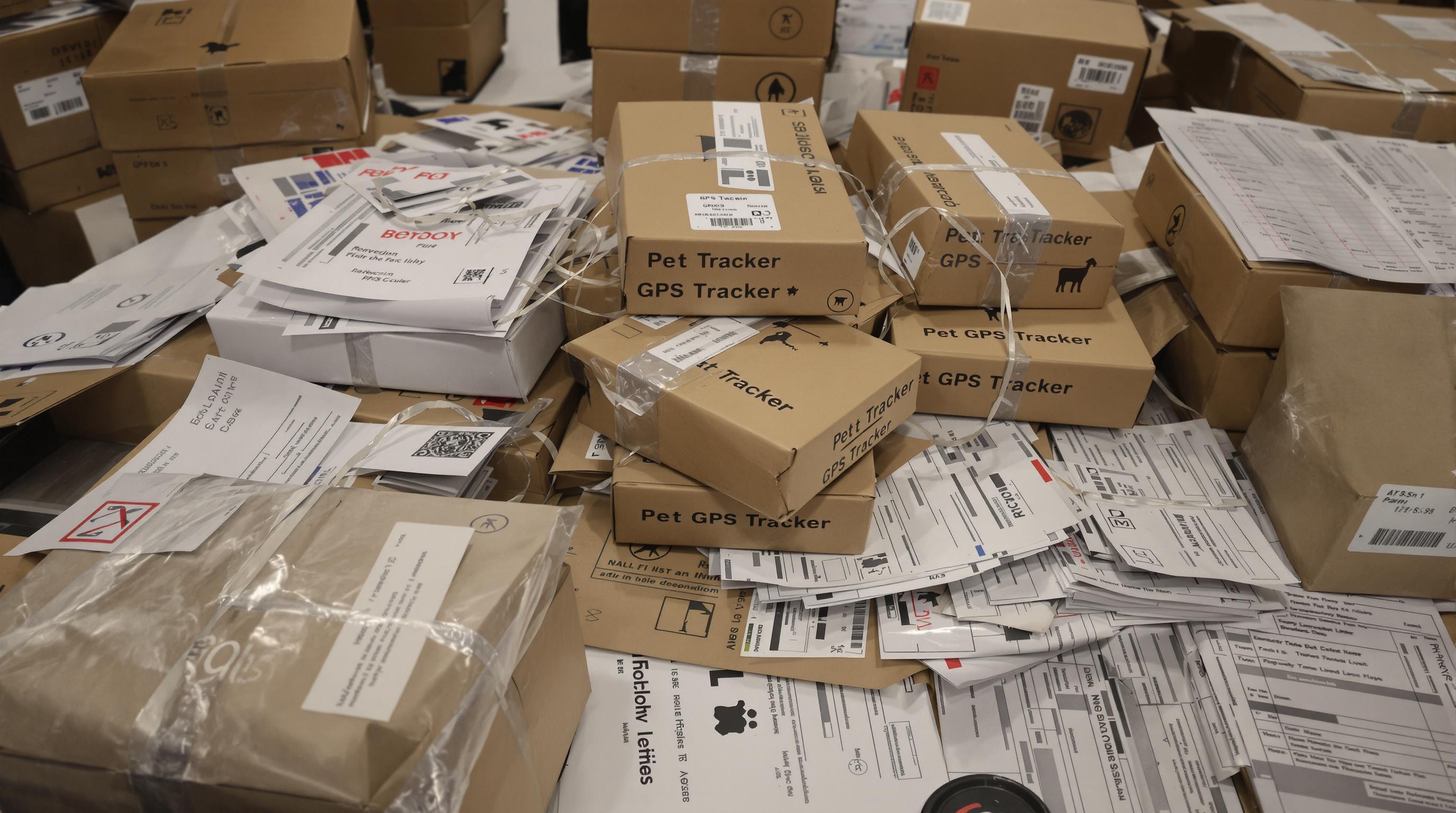 Pet GPS tracker packages with customs forms and international shipping labels