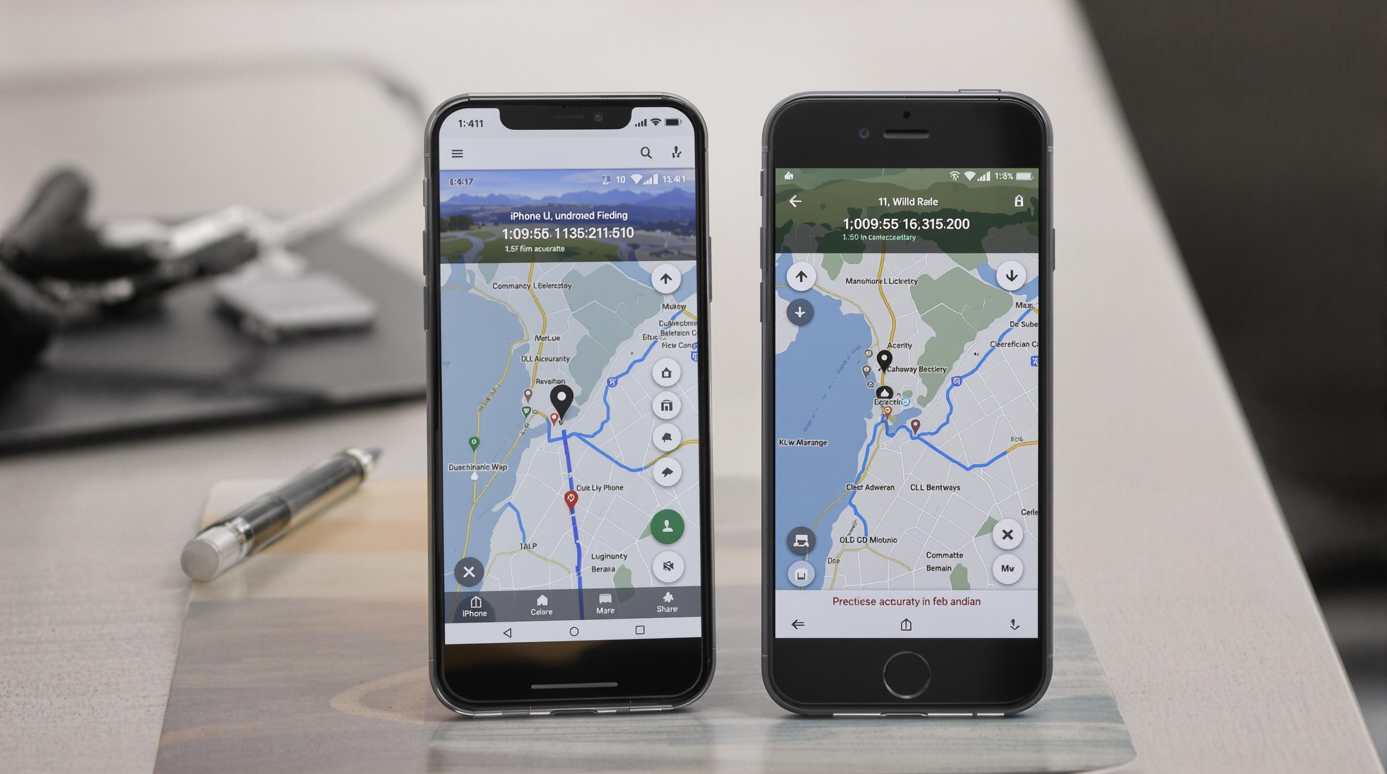 iPhone and Android phones side by side showing GPS location accuracy differences