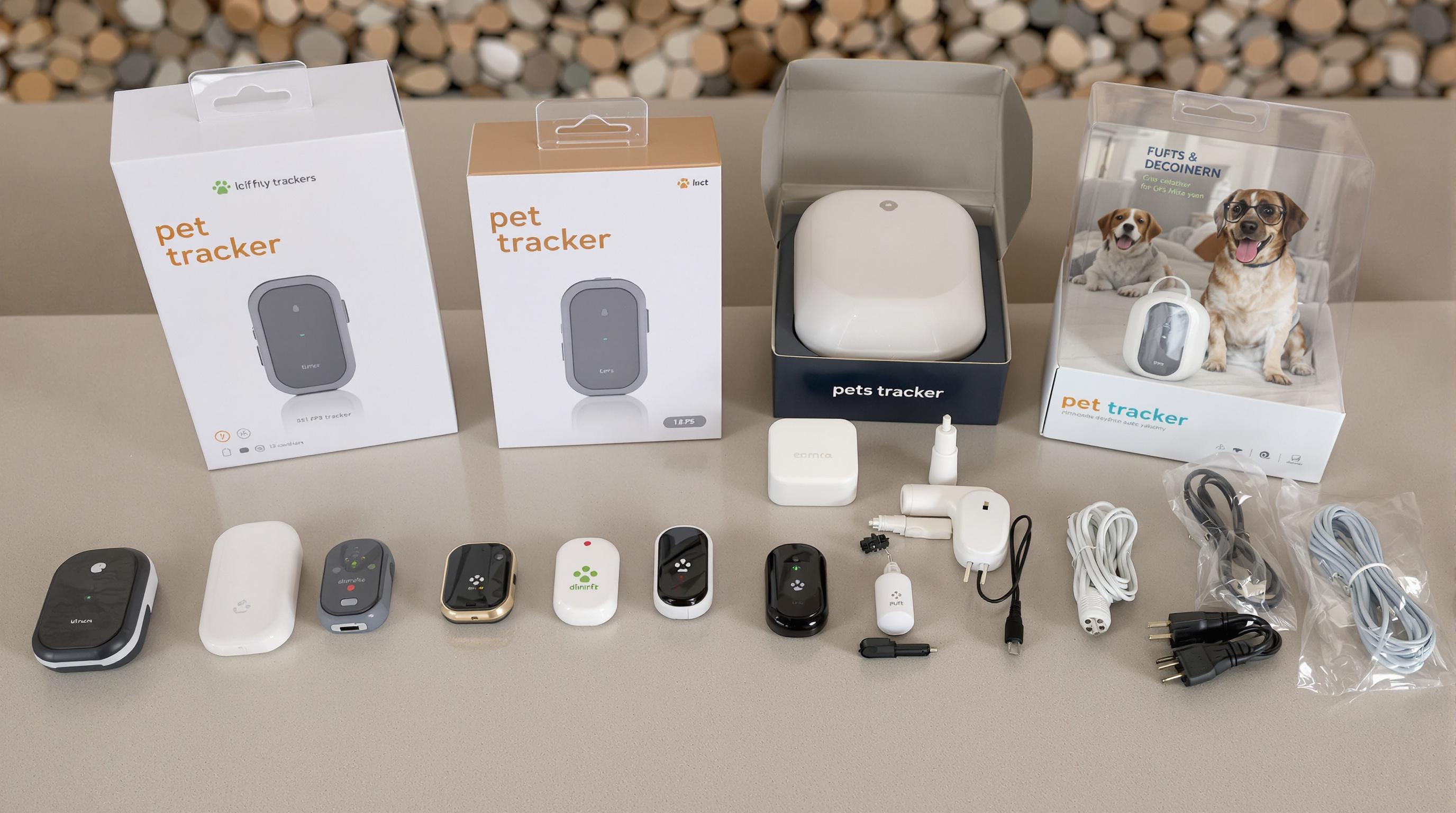Pet GPS trackers with packaging and accessories showing varying device condition