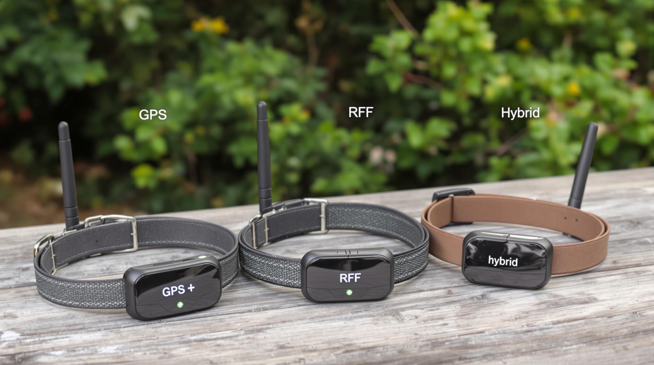 Three types of pet tracking collars—GPS, RF, and hybrid—side by side on an outdoor table with greenery in the background