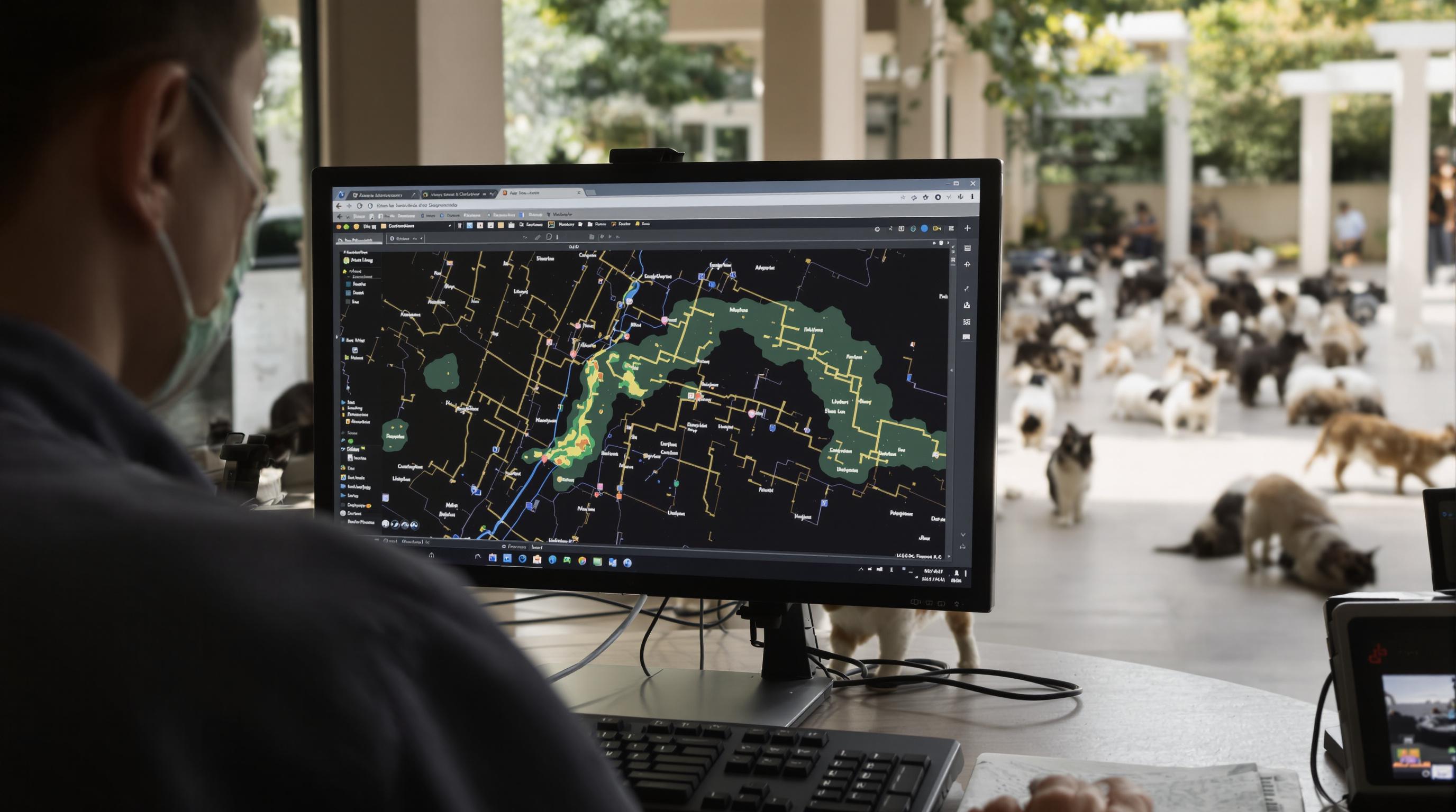 Shelter staff analyzing cat movement heatmap with cats roaming in open spaces