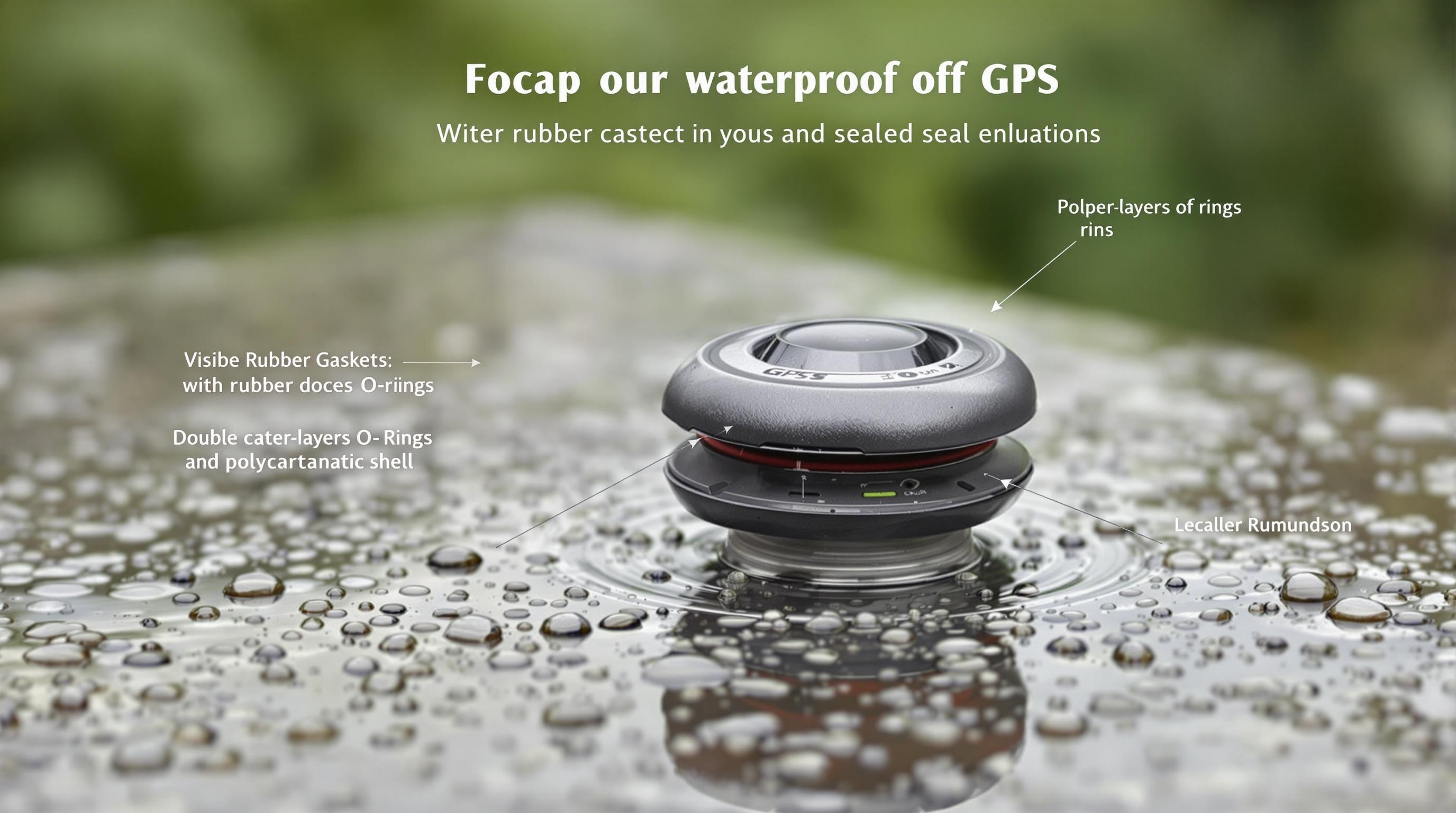 Close-up of a cat GPS tracker showing waterproof construction details like rubber gaskets and O-rings on a wet surface