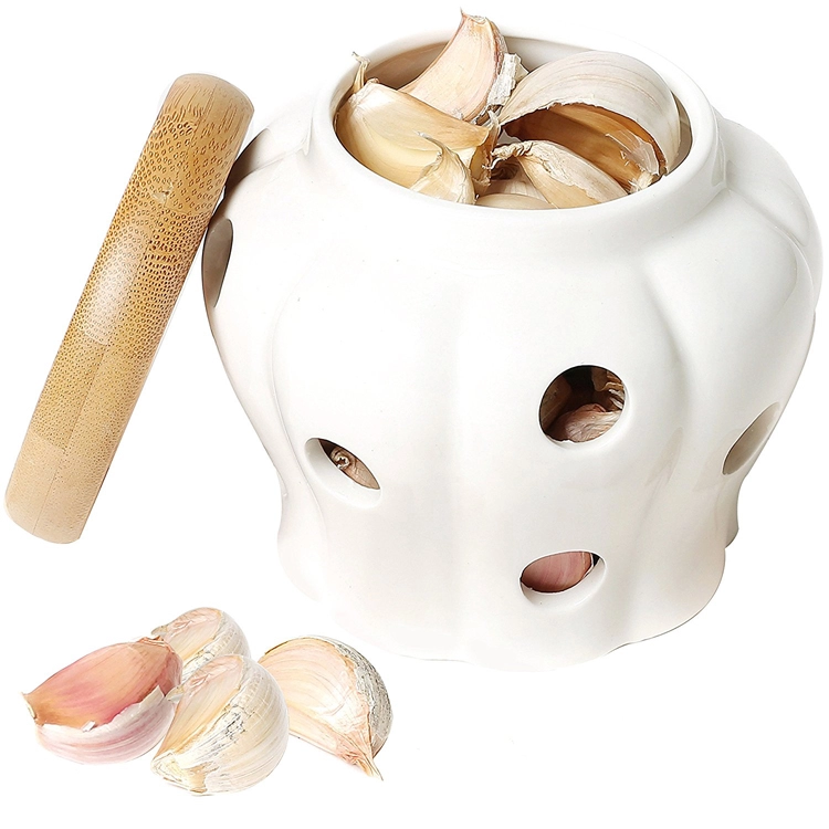 White Garlic Keeper Hollowing Ceramic garlic holder container for kitchen accessories supplier