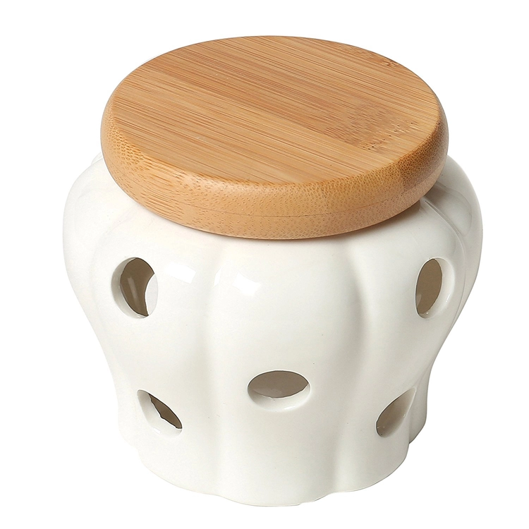 White Garlic Keeper Hollowing Ceramic garlic holder container for kitchen accessories factory