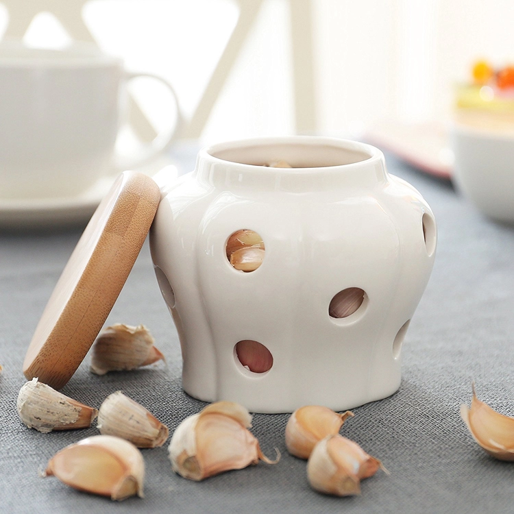 White Garlic Keeper Hollowing Ceramic garlic holder container for kitchen accessories details