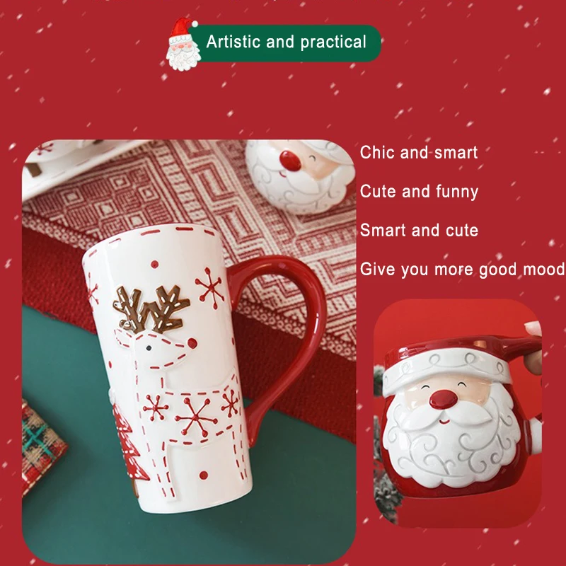 2024 New Design Funny Christmas Drinkware Handmade High Quality Coffee Cup Cute Santa Deer Cartoon Pattern Ceramic Christmas Mug factory