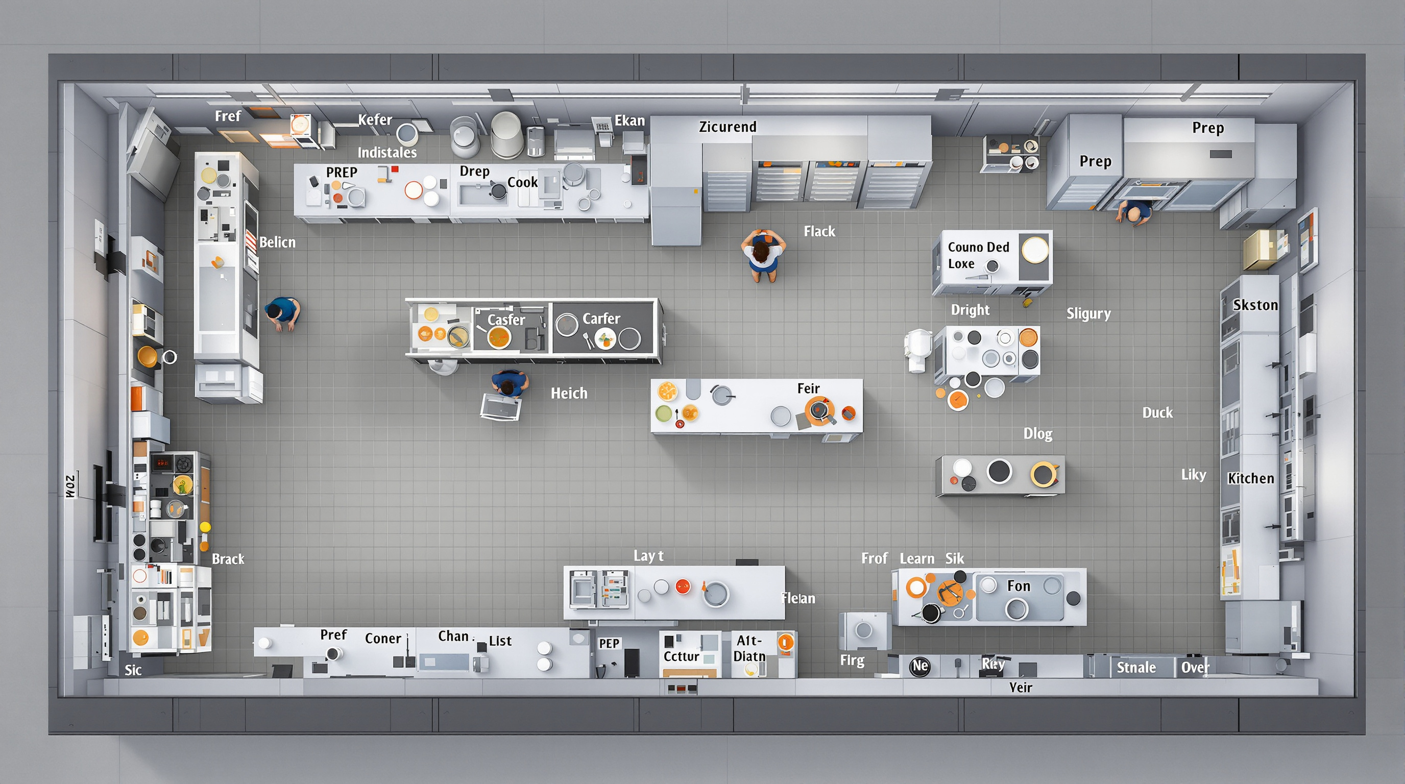 Overhead view of a well-organized kitchen displaying ergonomic zones and adjustable-height countertops with staff working efficiently