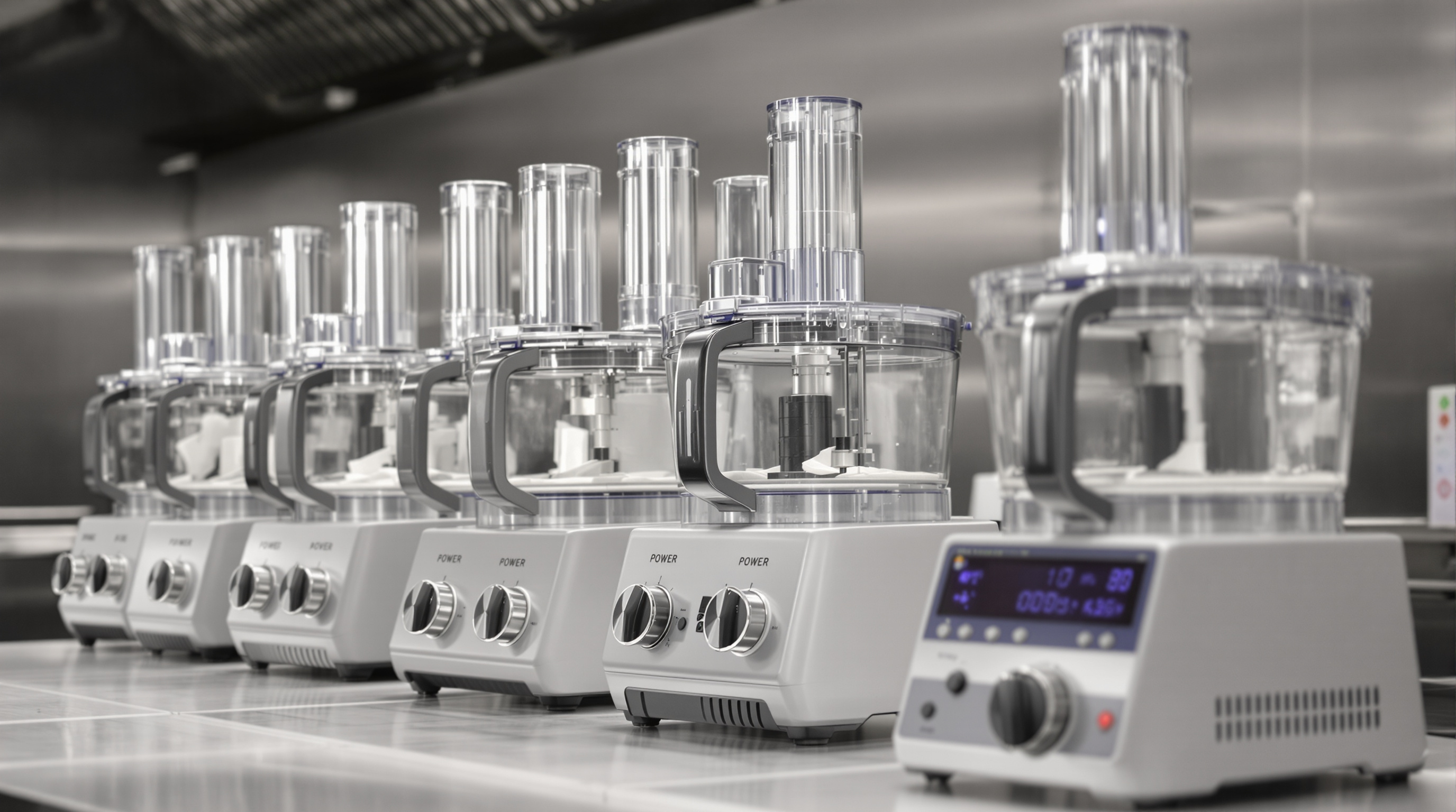 Array of commercial food processors in a kitchen, highlighting motor power and build differences