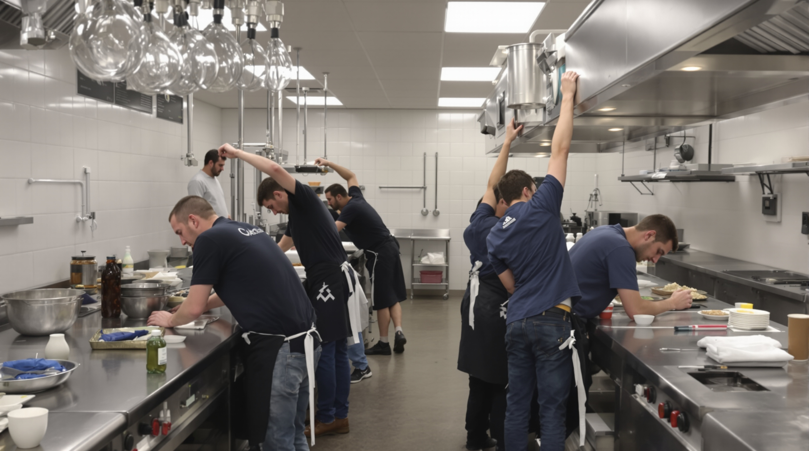 Chefs and kitchen staff in a commercial kitchen, working at counters of different heights, with body postures showing discomfort and fatigue