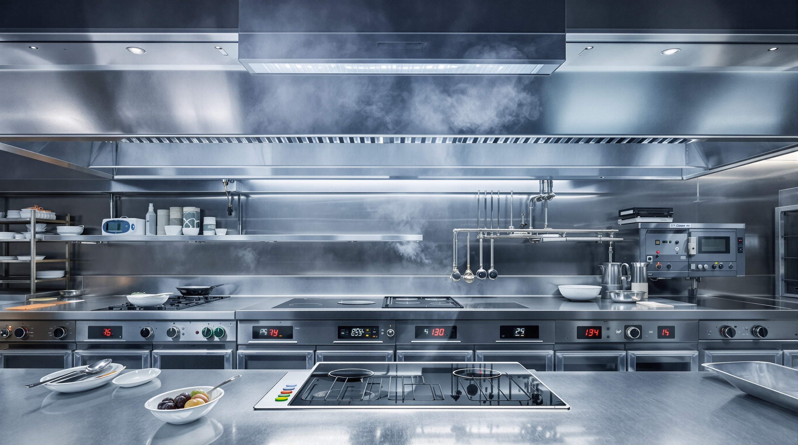 Modern commercial kitchen featuring induction stovetops and advanced ventilation for indoor air quality