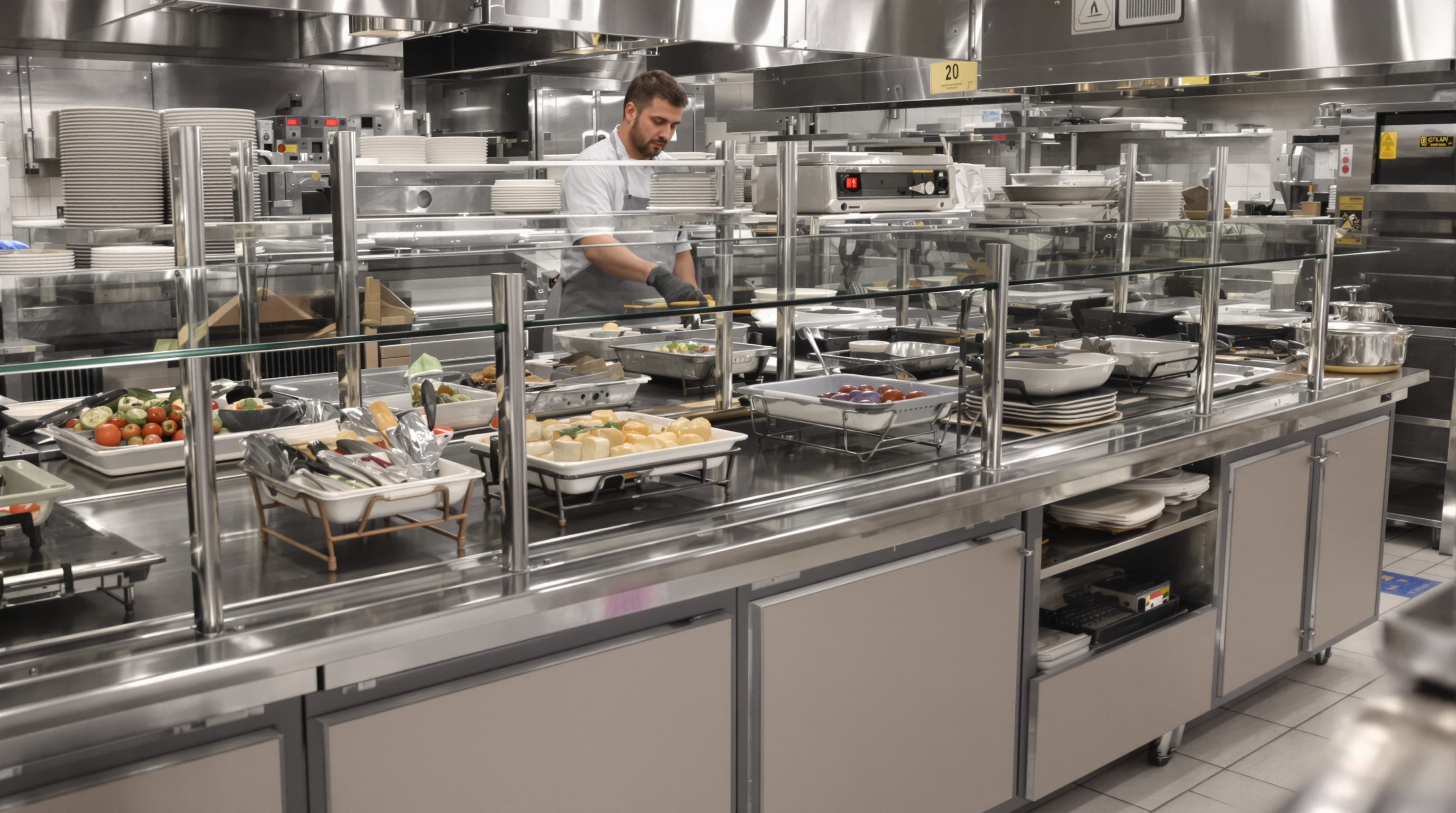 Durable modular buffet units being rearranged by staff in a commercial kitchen.