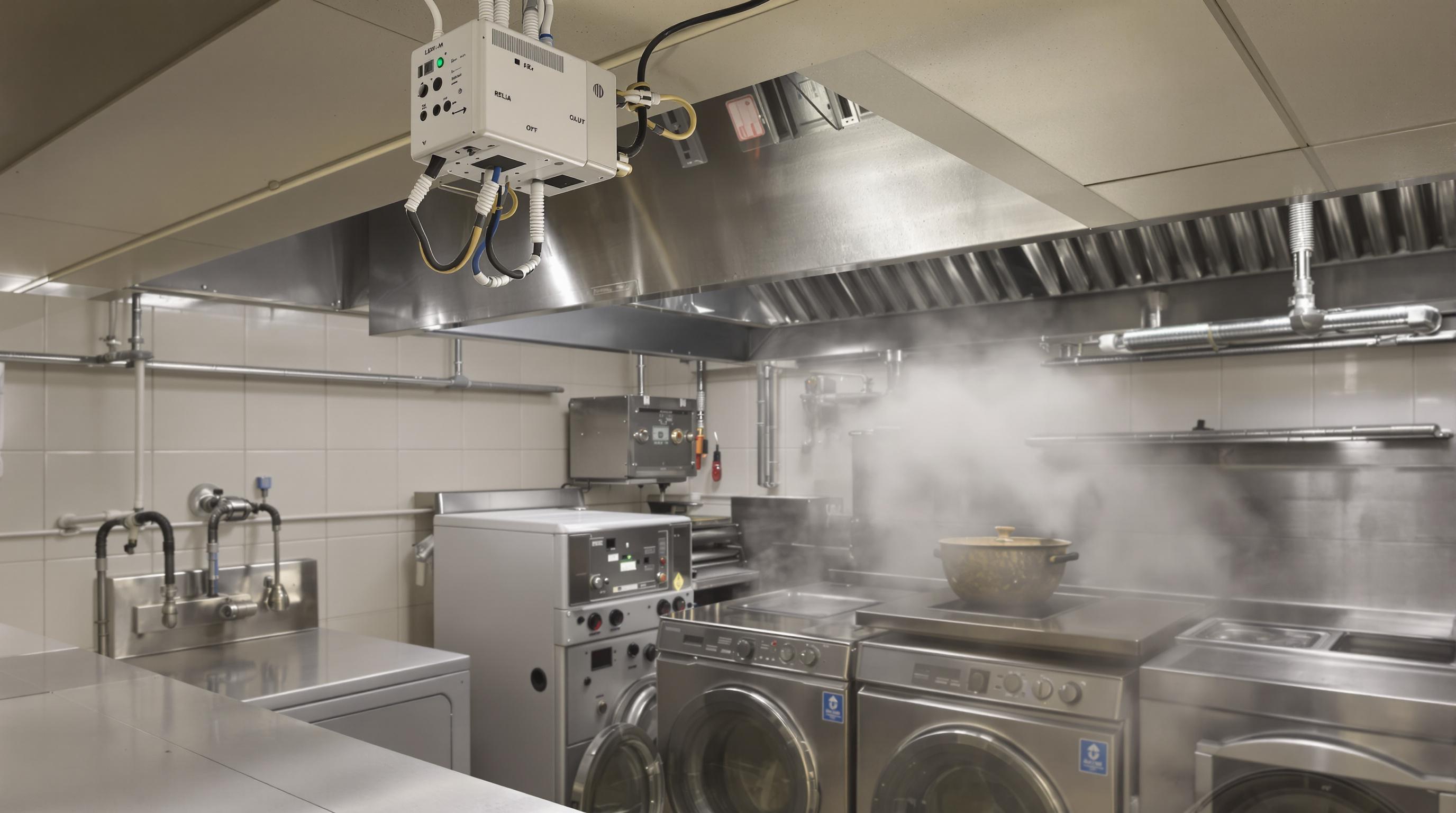 Hotel kitchen and laundry area with relay output sensor on ceiling monitoring high-risk zones
