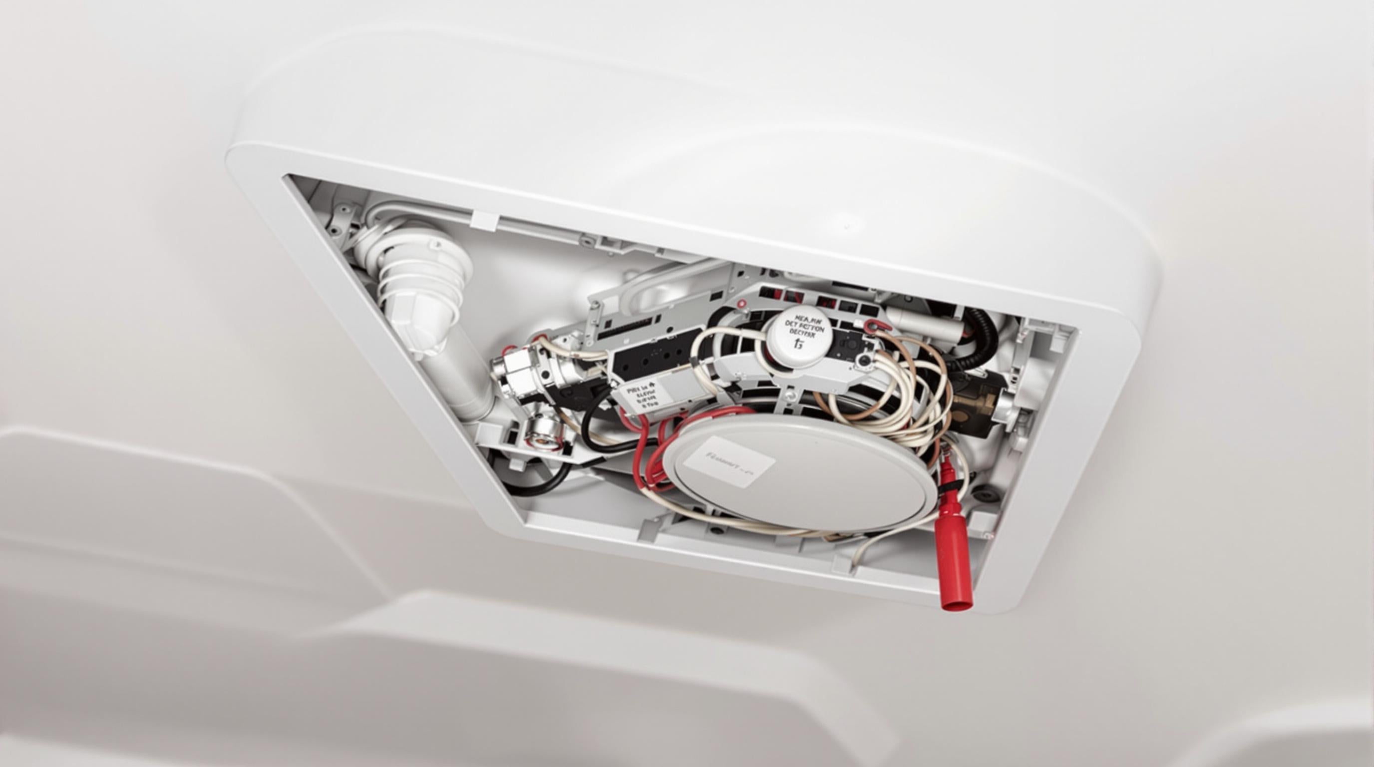 Modern relay output heat detector with visible wiring inside hotel ceiling panel near HVAC and fire suppression systems