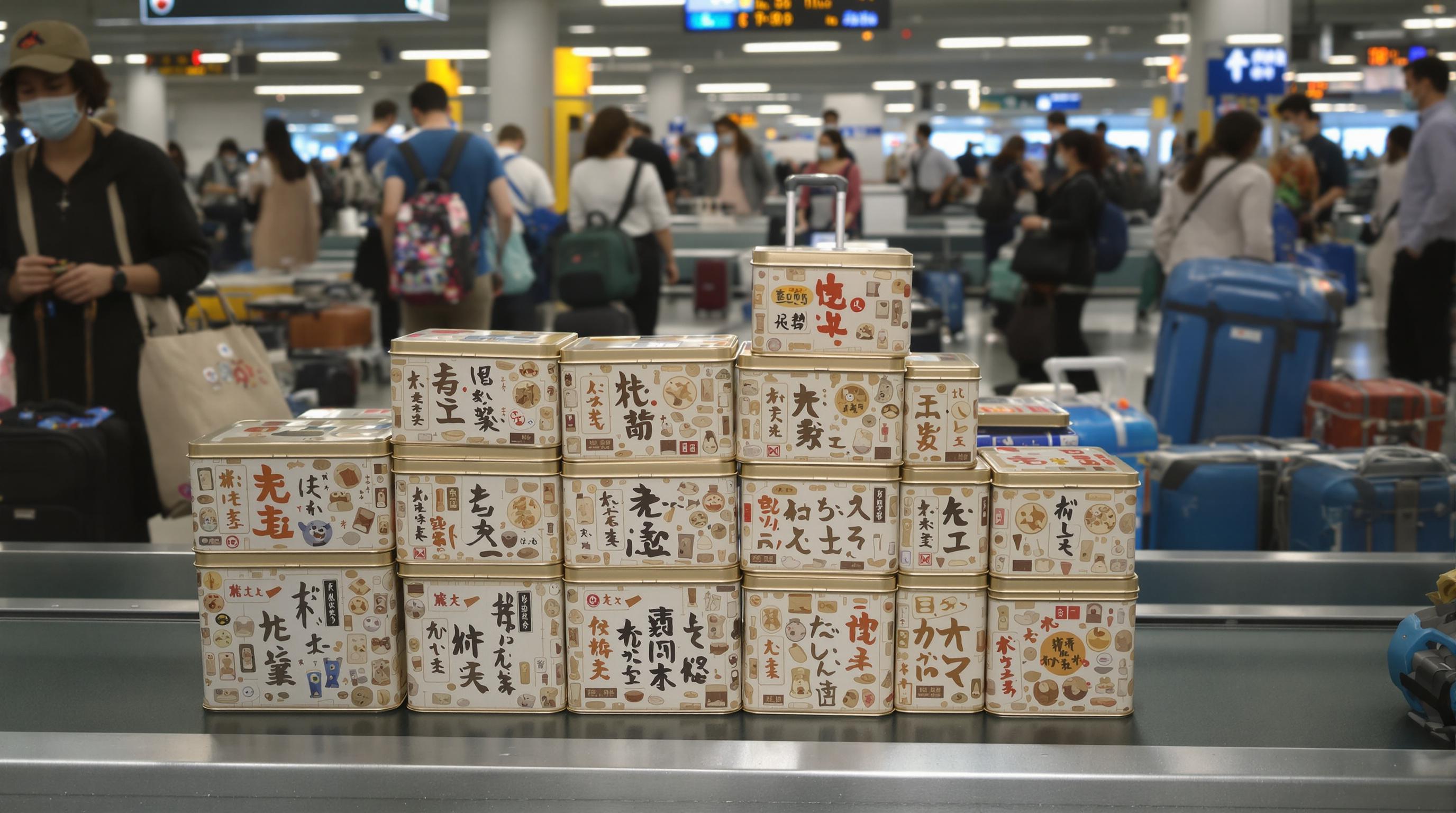 Senbei gift tins and snack boxes on an airport conveyor belt with international travelers passing by