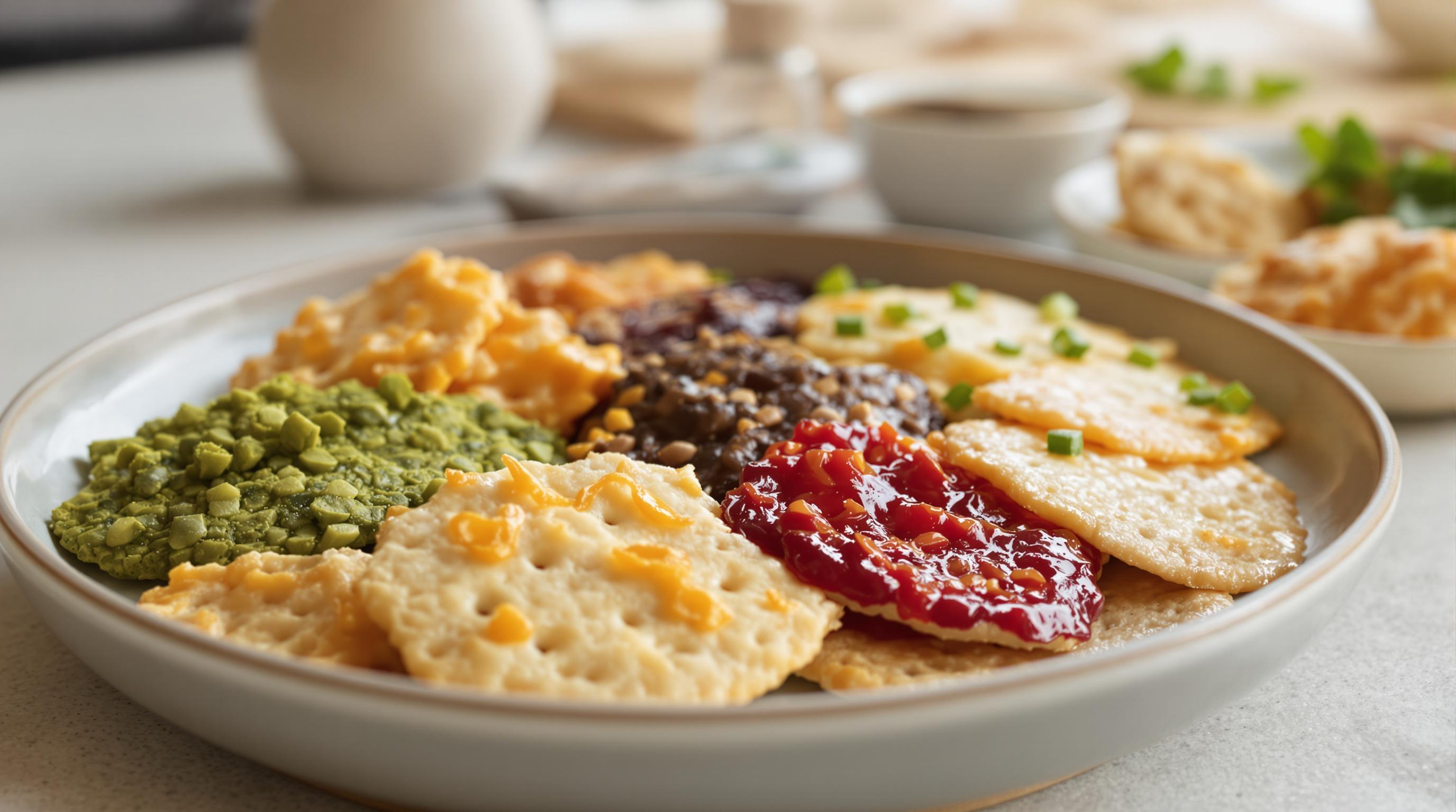 Variety of contemporary senbei rice crackers with unique toppings and colors on a ceramic platter