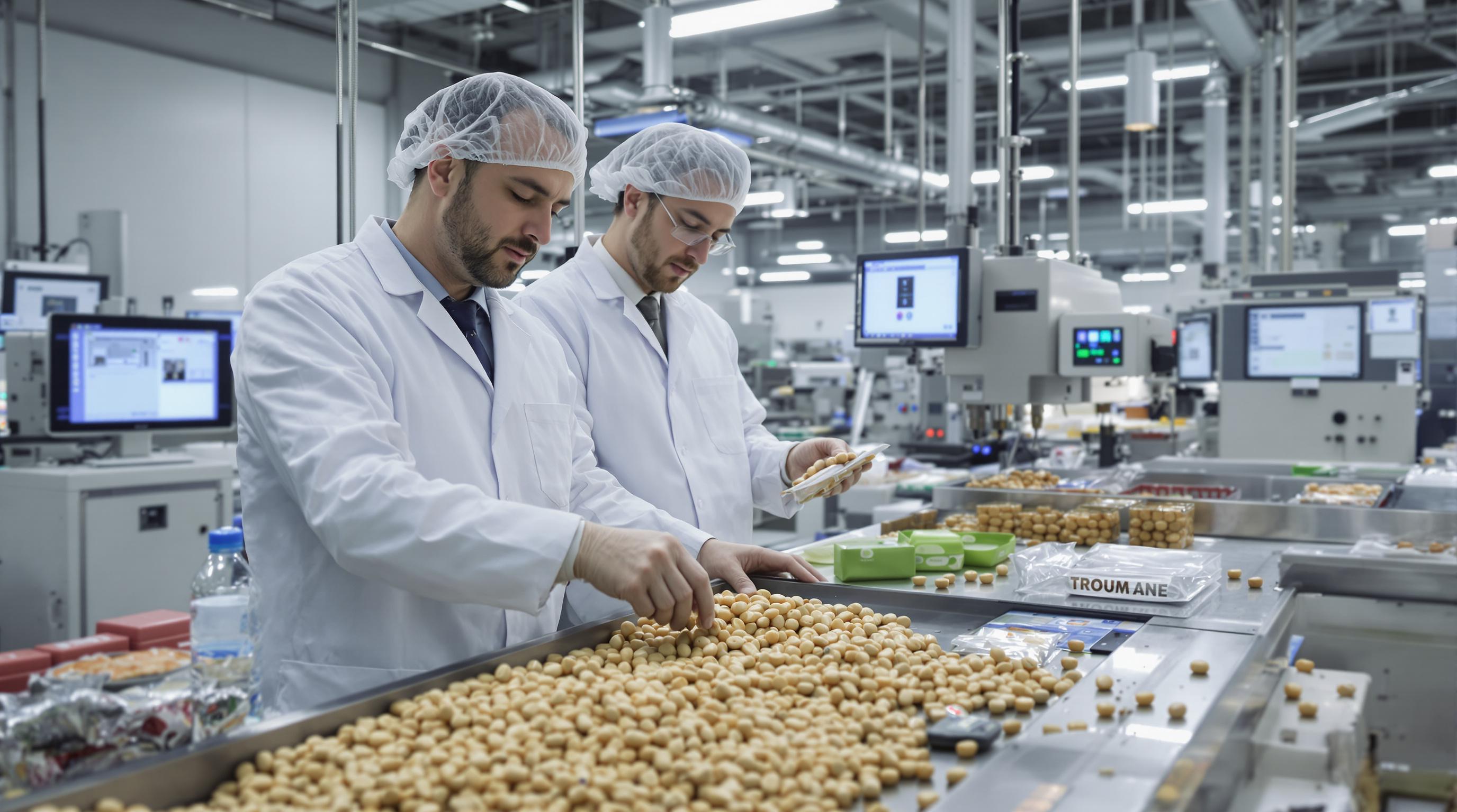 Scientists in a food lab analyzing coated peanuts and sustainable packaging materials
