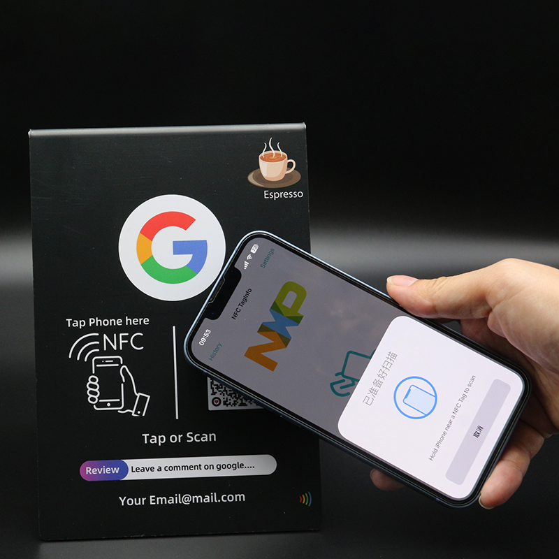 NTAG 213/215/216 Contactless QR code & NFC Tag PVC Google reviews NFC menu stand factory