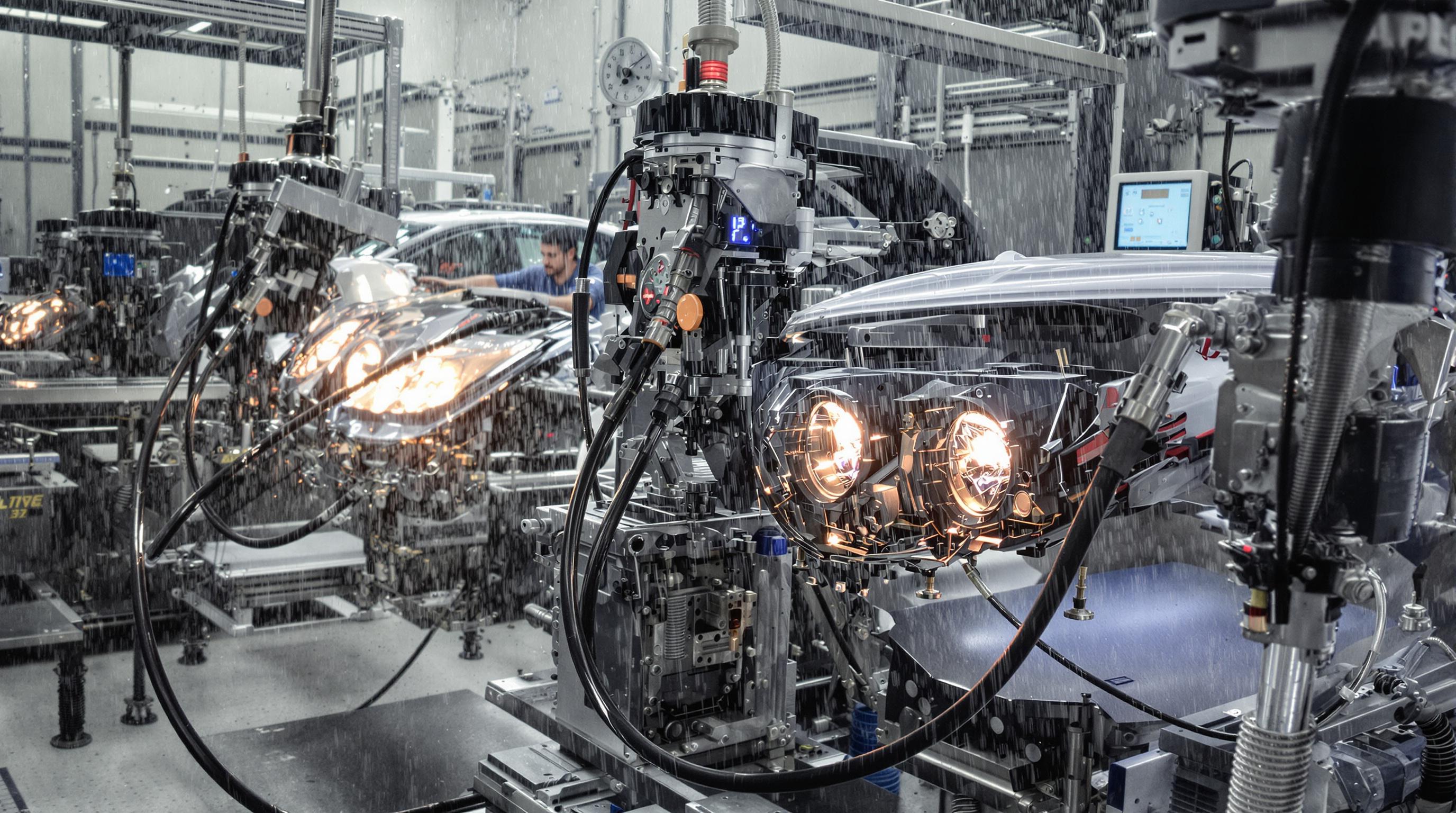 Technicians performing vibration and waterproof tests on car headlamps in a laboratory, simulating regulatory compliance