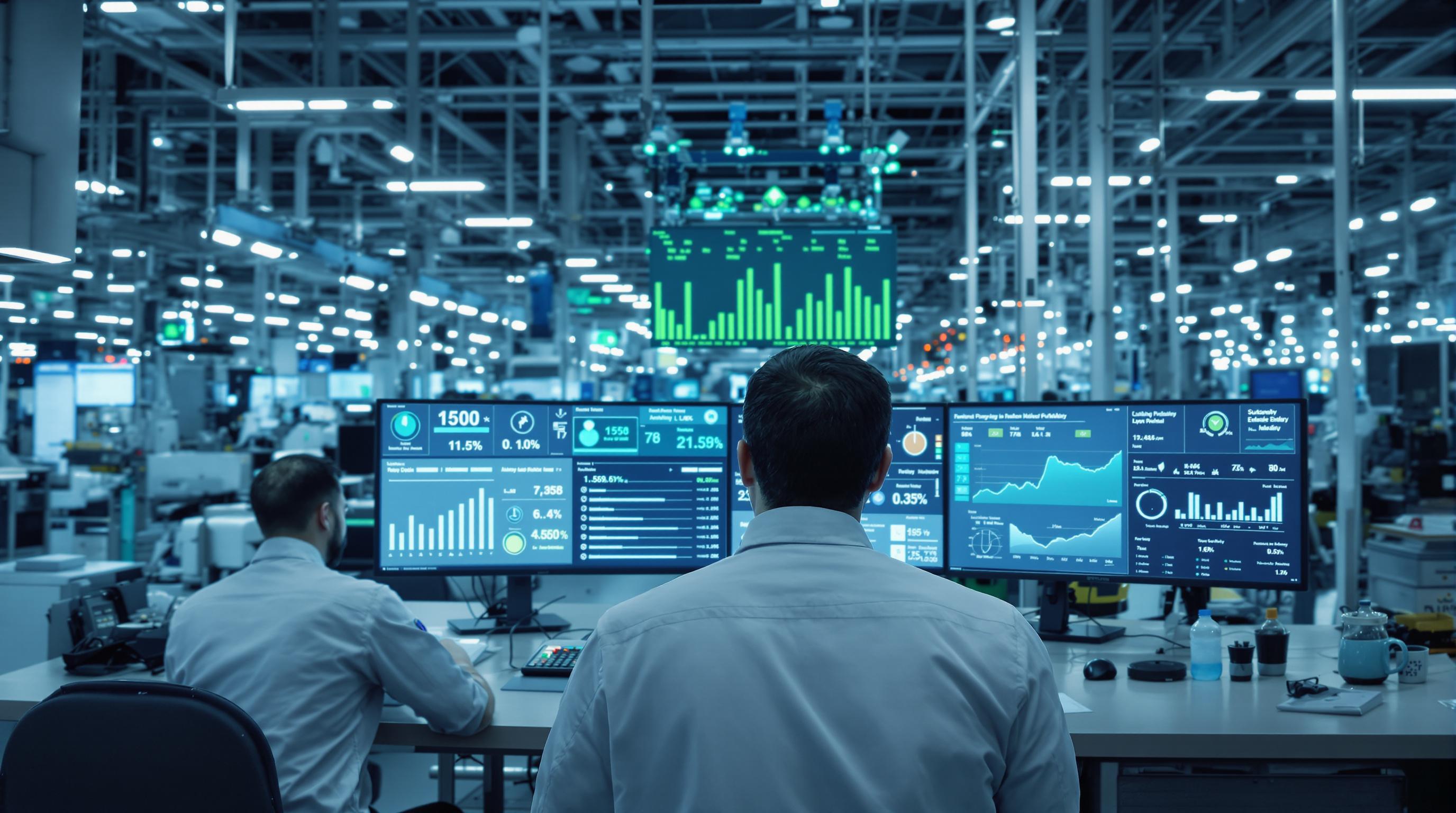 Engineers in an automotive factory analyzing digital dashboards that track energy and material usage, with automated machinery in the background