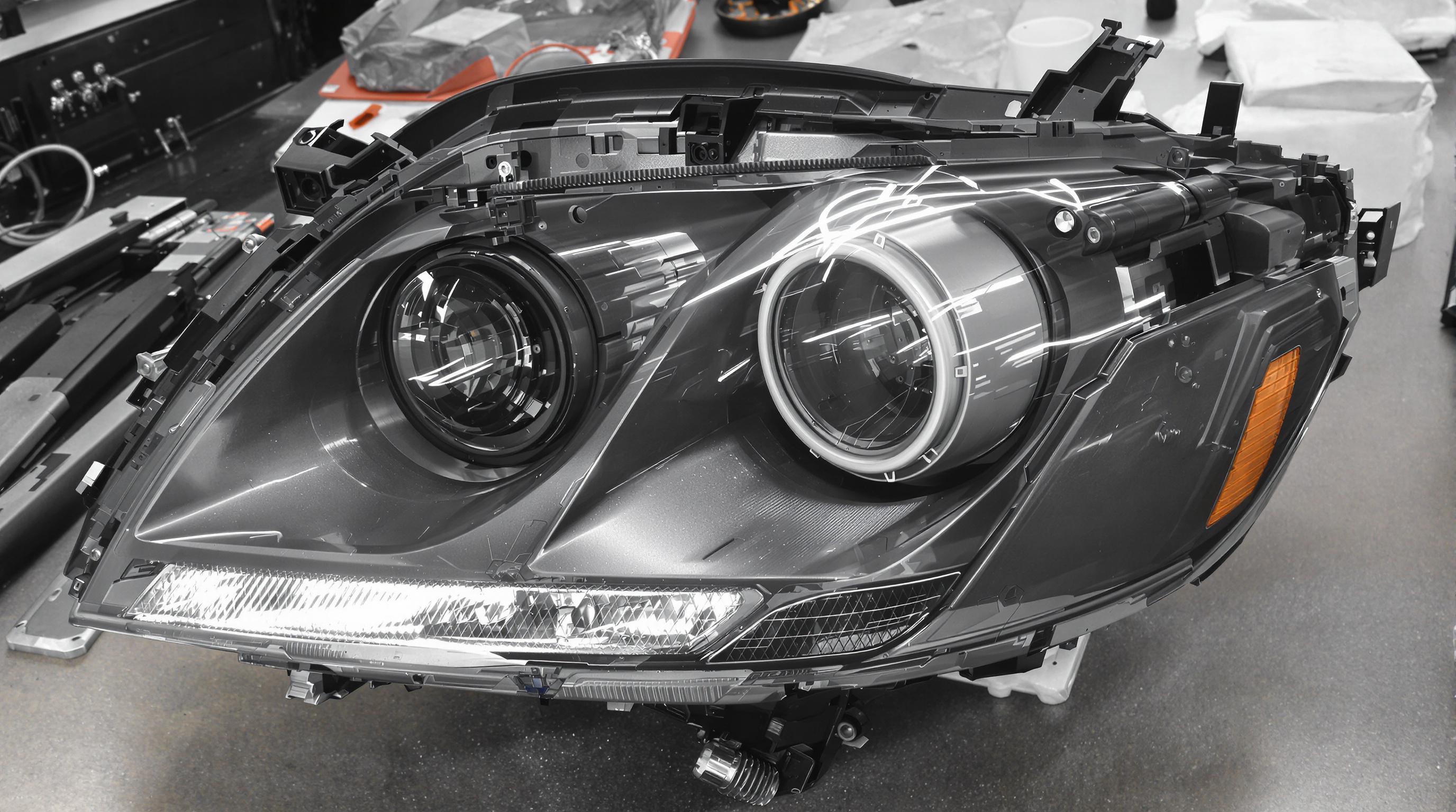 Disassembled car lamp assembly showing housing, lens, reflector, and LED component
