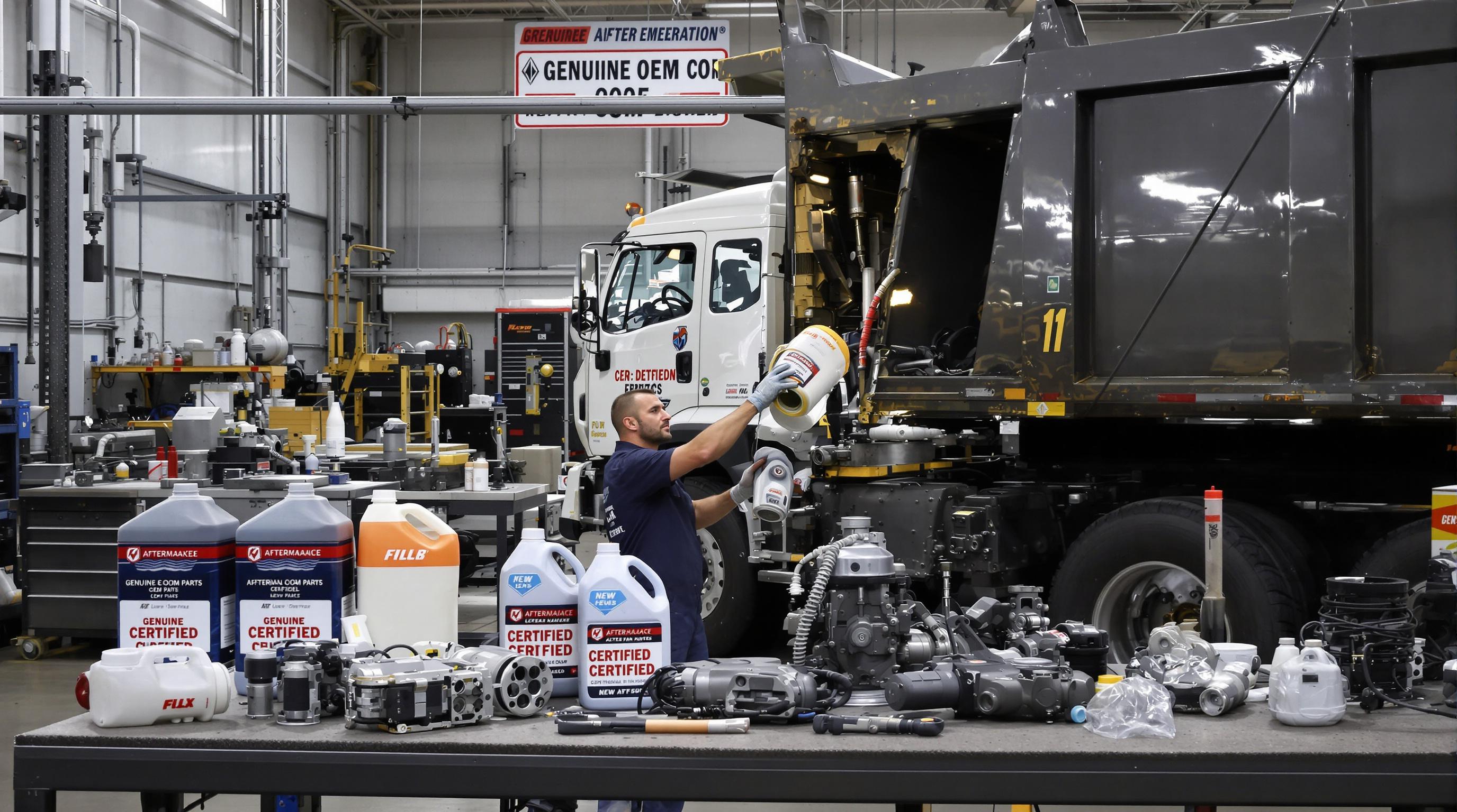 Mechanic installing genuine parts and fluids in a dump truck with OEM and aftermarket components displayed nearby