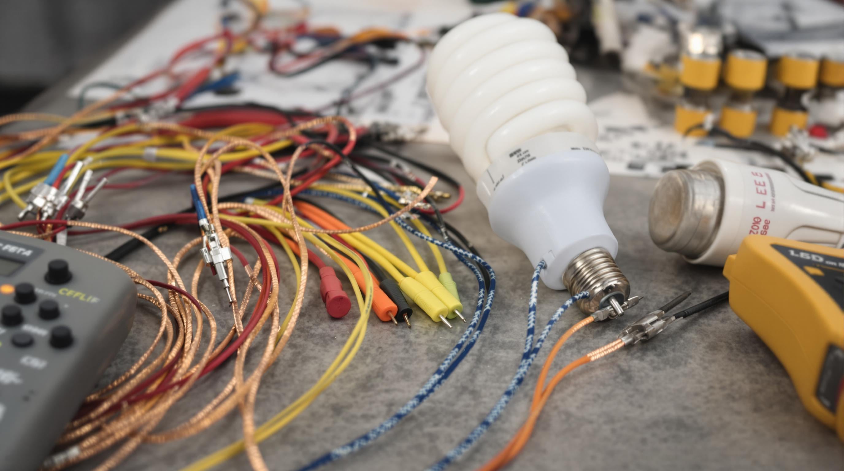 Electrician examining various stranded wires and lighting fixtures with copper detail