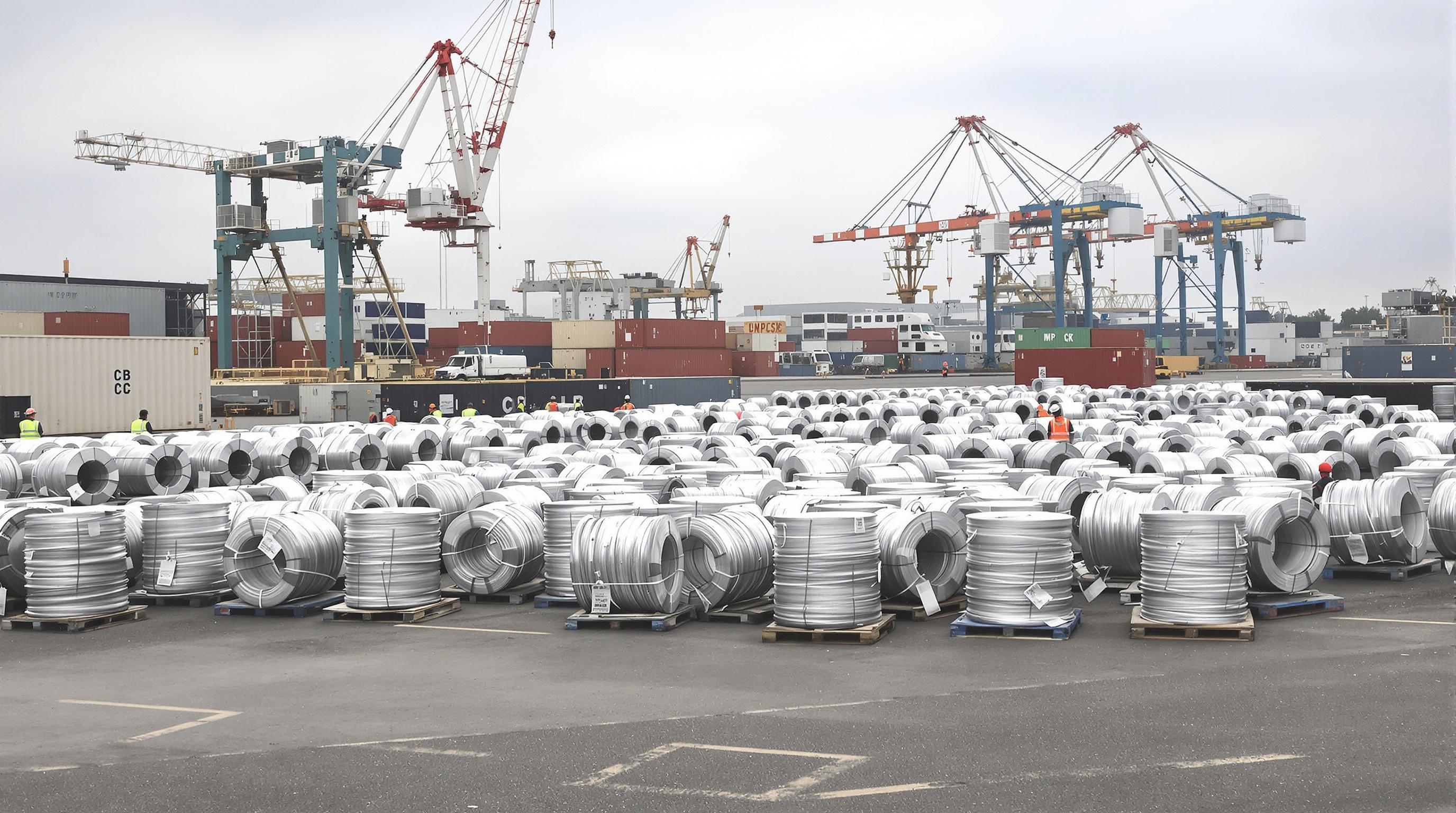 Shipping yard with aluminum cable spools being prepared for export, workers and cranes in view
