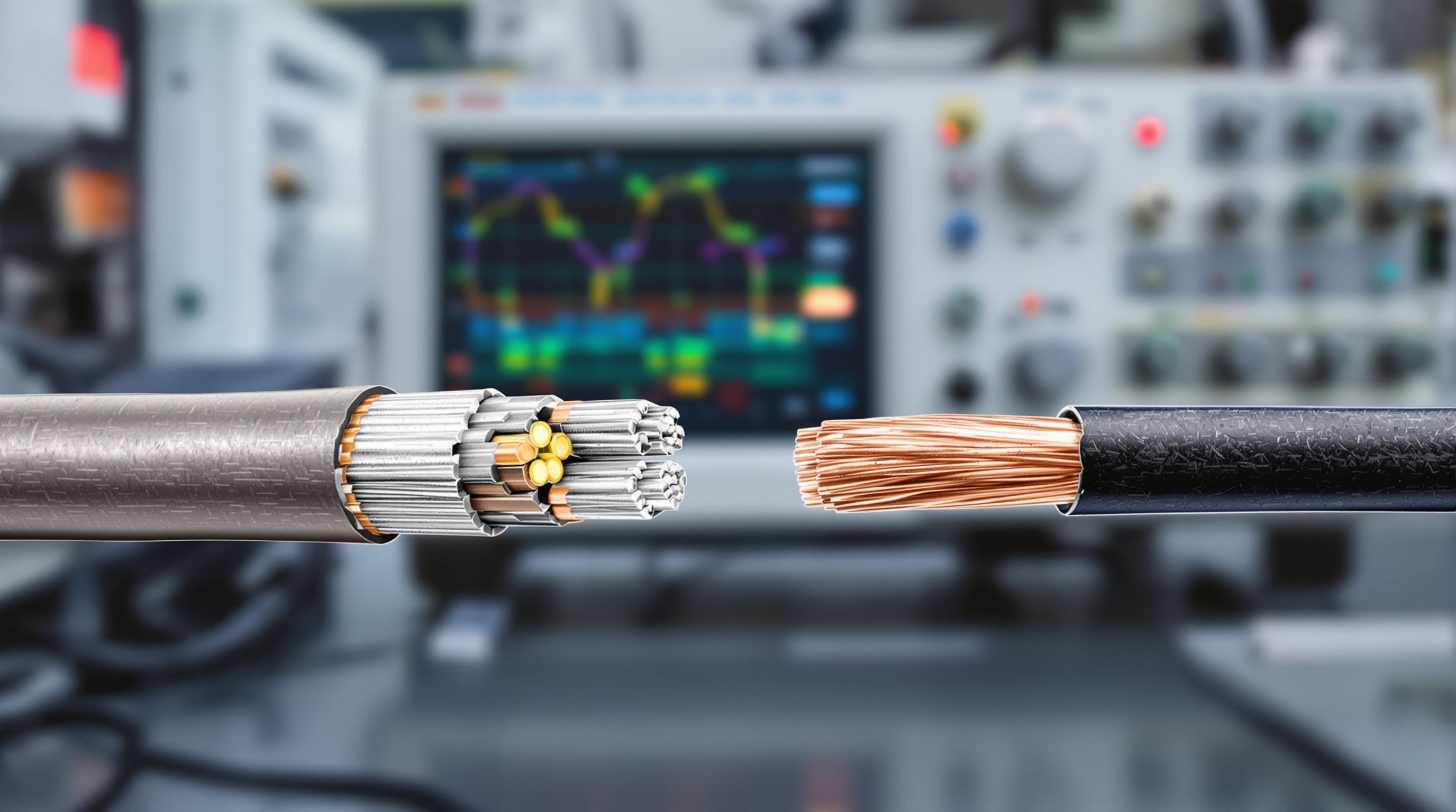 Close-up of CCA and pure copper wire cross-sections with telecom test equipment in the background