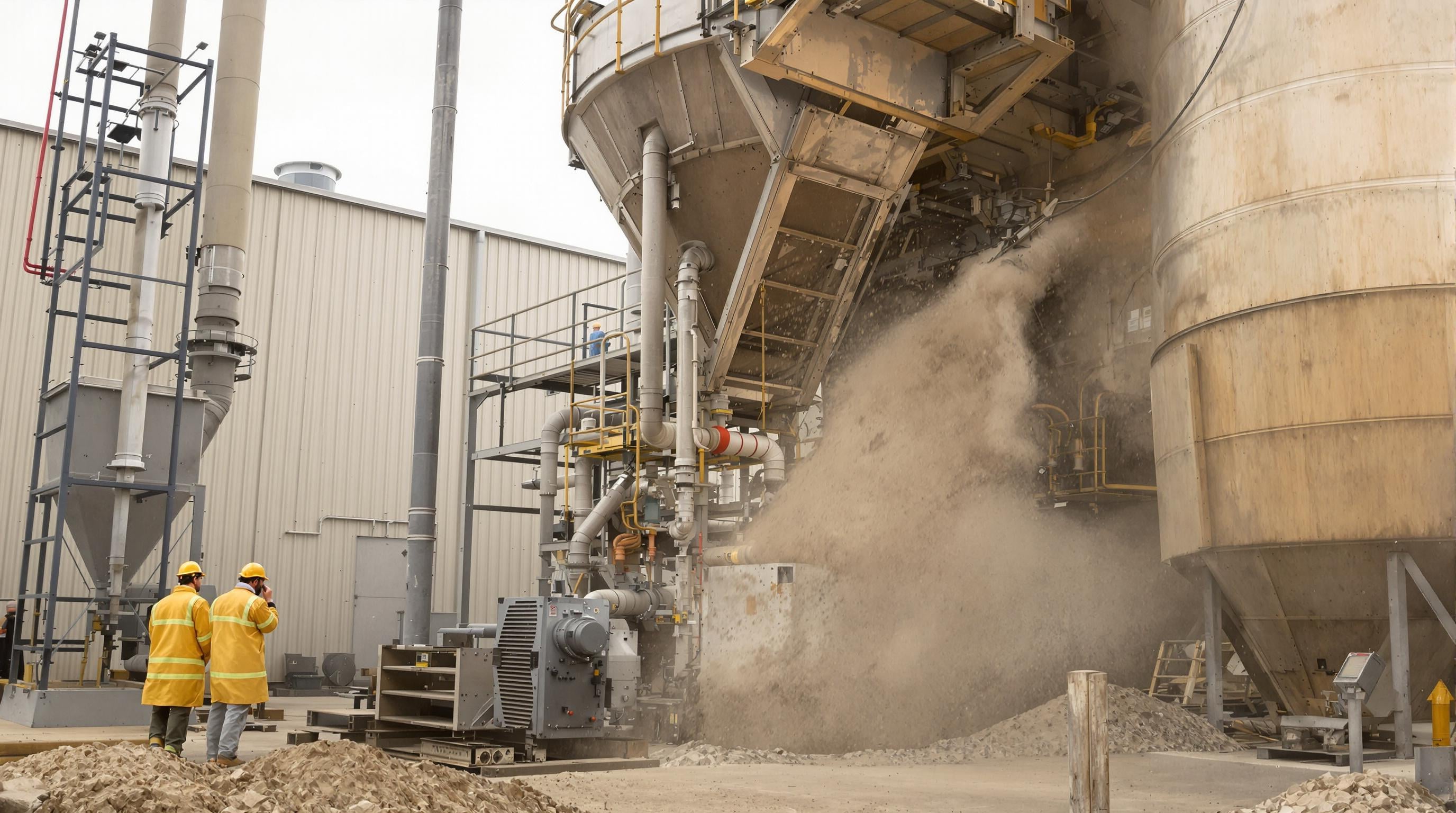Factory workers using industrial dust collectors to capture airborne particles and improve air safety