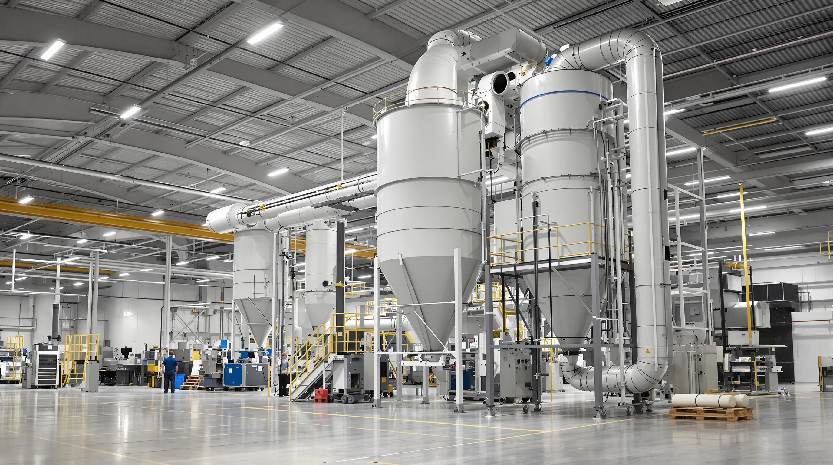 Maintenance staff observing clean machinery and dust collector working in a modern industrial plant