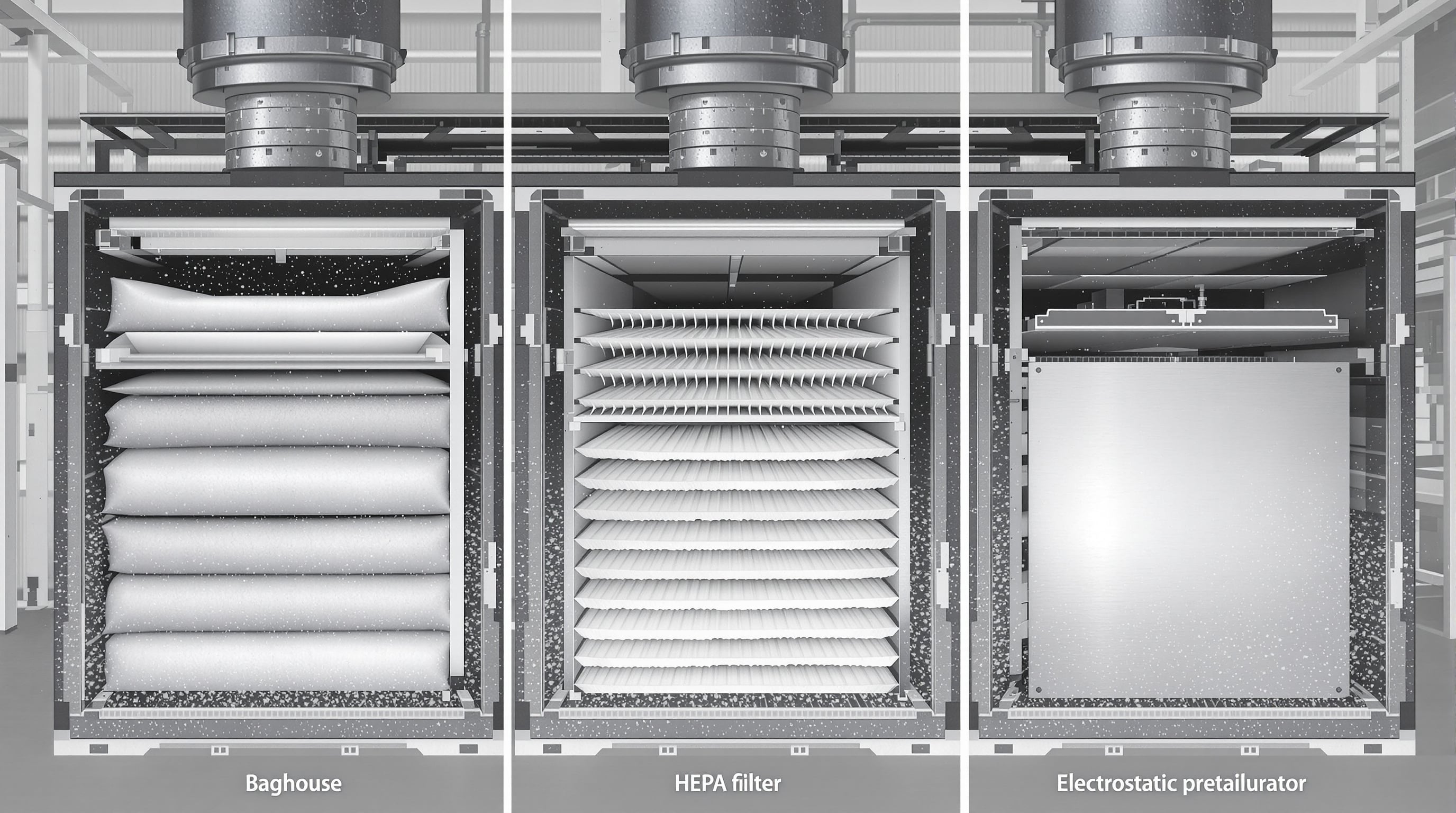 Side-by-side industrial filtration systems showing baghouse, HEPA, and electrostatic units capturing dust particles inside a factory