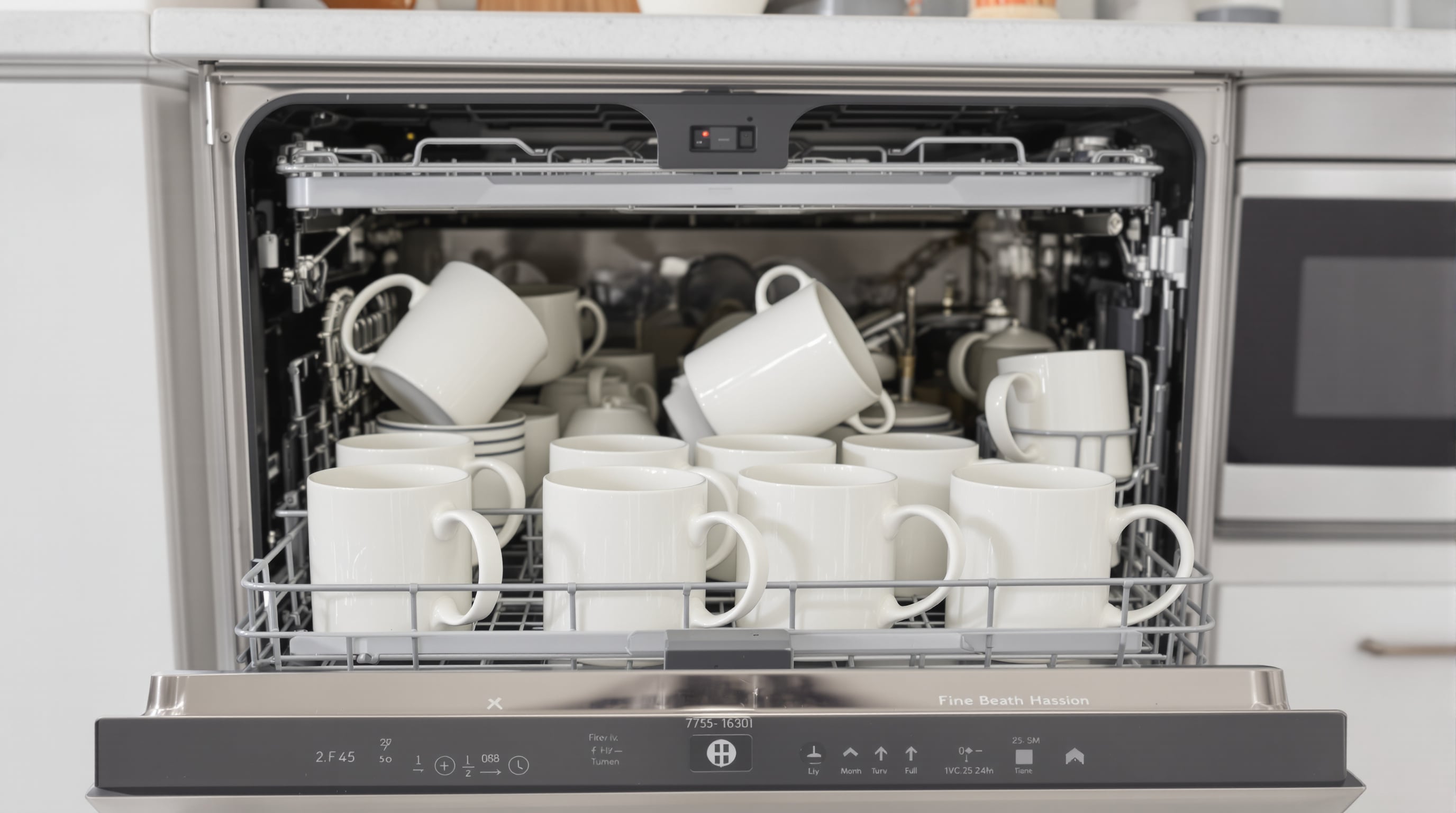 Porcelain coffee mugs displayed in a kitchen setting, illustrating practical features and durability