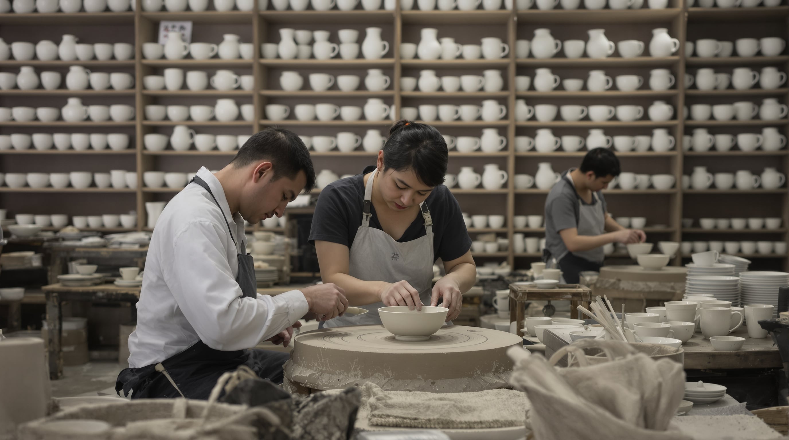 Jingdezhen pottery artisans shaping porcelain teacups in a traditional workshop
