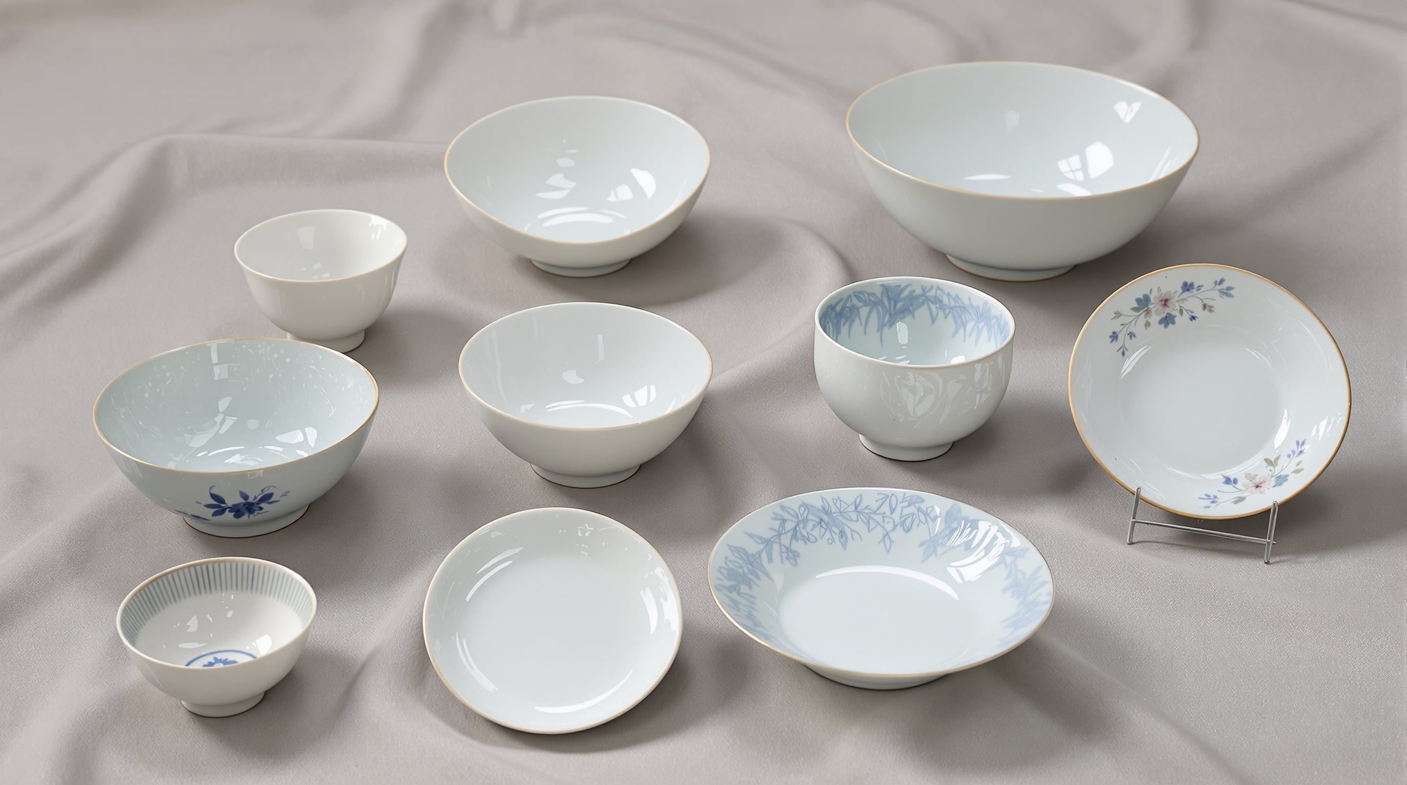 Photo of Chinese porcelain plates and bowls showing differences in shape, depth, and glaze texture